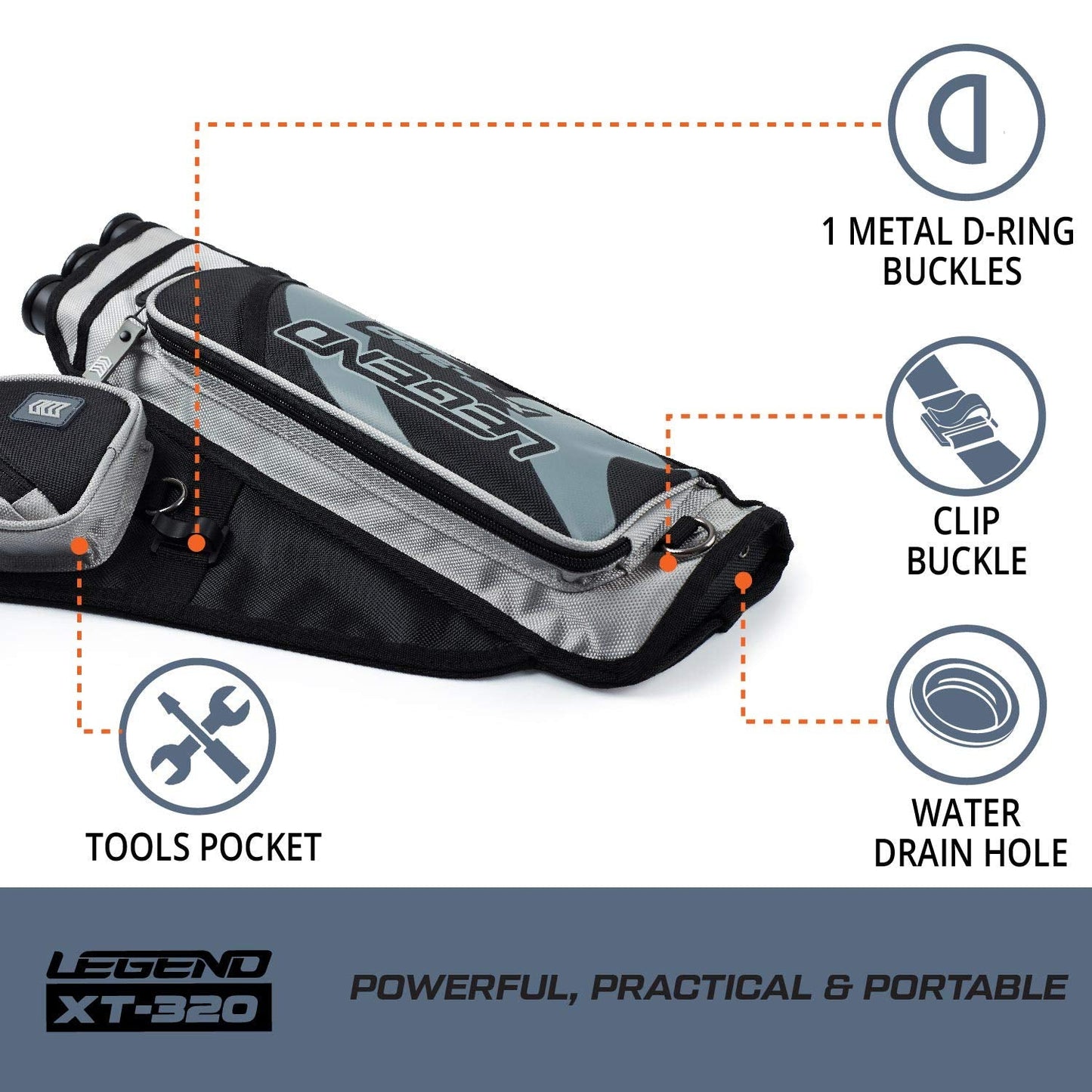 Legend XT320 Archery Quivers - Left Handed Nylon Hip Quivers with 3 Arrow Tube Cases for Target Shooting - Adjustable Waist Belt, T-Slot, Compartments for Accessories, Tools, Release Tab - Grey