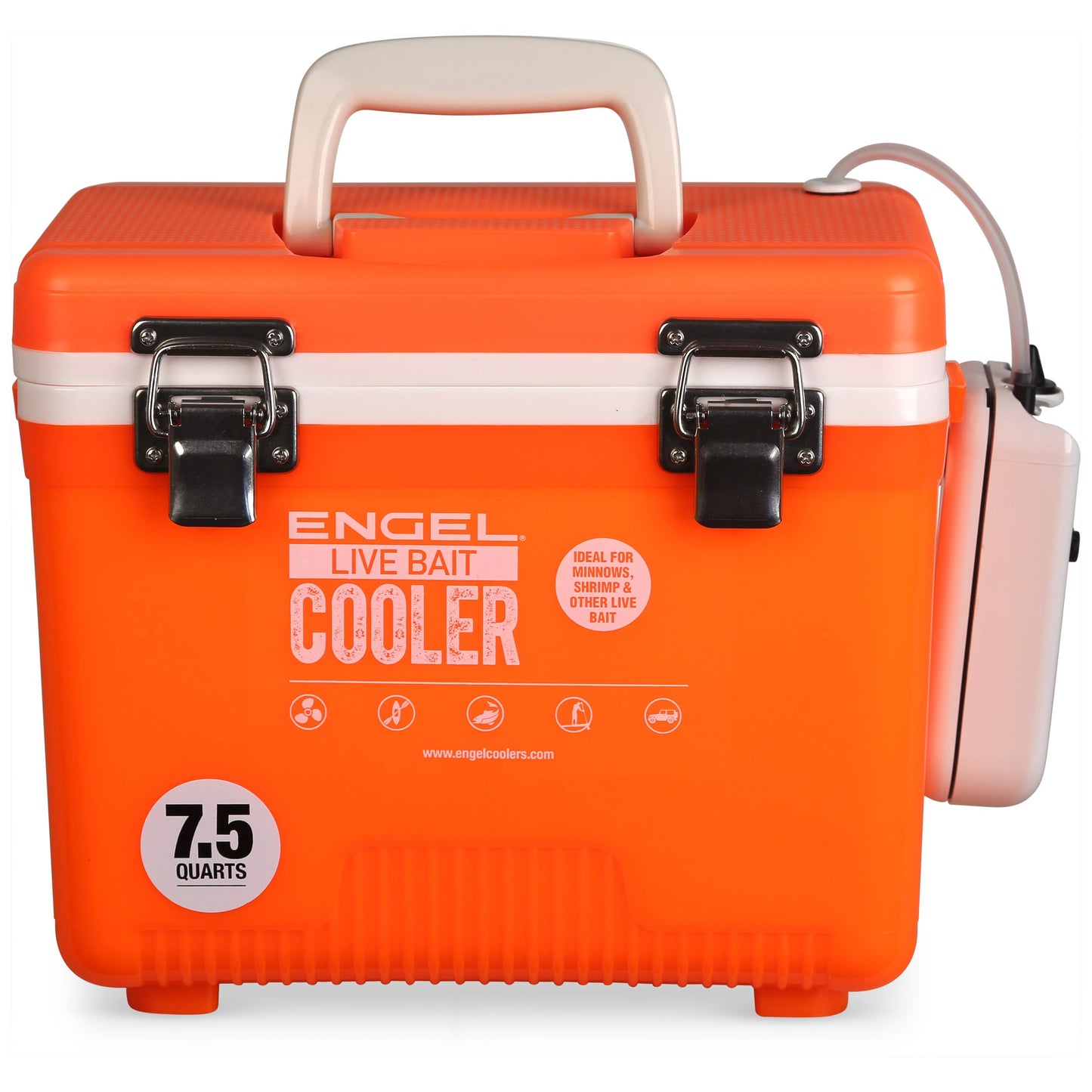 Engel 7.5qt Live Bait Cooler Box with 2nd Gen 2-Speed Portable Aerator Pump. Fishing Bait Station and Minnow Bucket for Shrimp, Minnows, and Other Live Bait - ENGLBC7-N-OHV in Orange High-Visibility