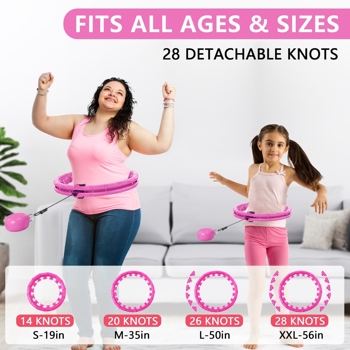 Leann L!fe U1-28 Knots Waist 56”, Magnetic Lock Smart Weighted Hula Hoop for Adults Weight Loss, Infinity Hoop Plus Size, Children Adult Home Outdoors, Fitness Exercise, Abdominal Toner, Light Pink