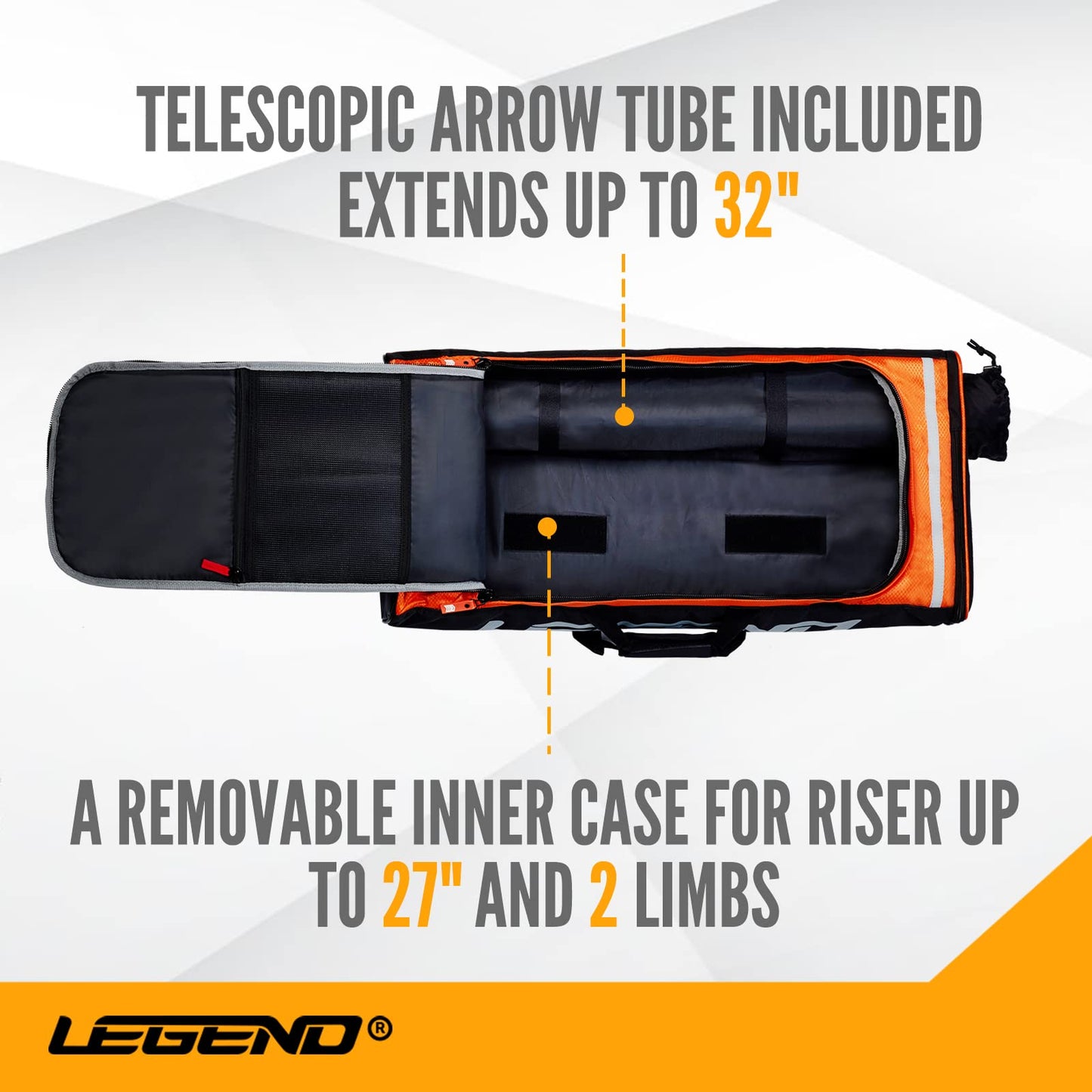 Legend - XT720 Recurve Bow Case (Orange) | Backpack Style Bag with Heavy Duty Foam Padding for Portable Protection of Recurve Bows & Risers up to 27" | Telescopic Arrow Tube Extends Up to 35"