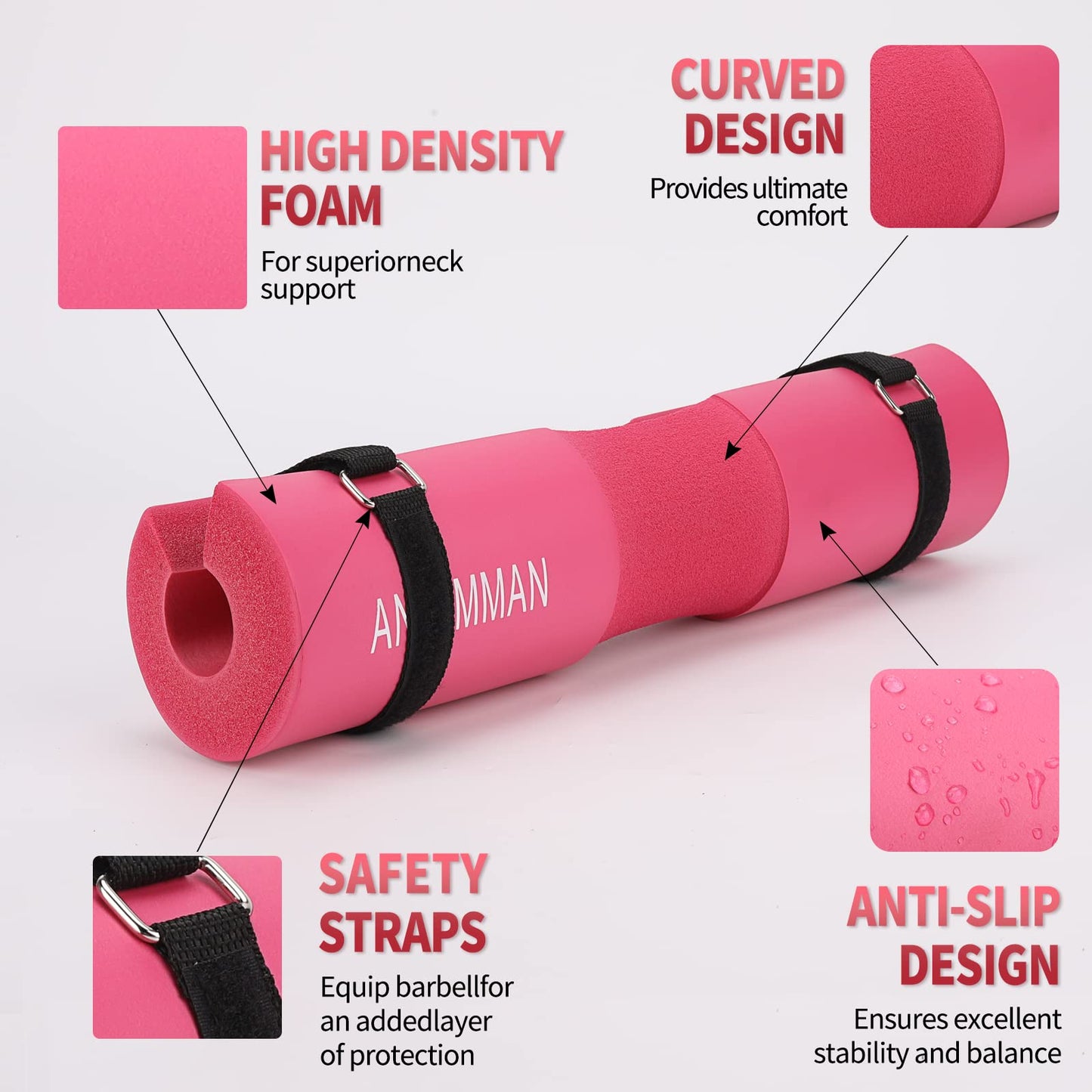 AN AMMAN Barbell Pad for Squat, Hip Thrust - Perfect for Gym Workout Smith Machine Thruster Weightlifting - Relieves Neck and Shoulder Pain - Thick Foam Cushion Red AM001PT