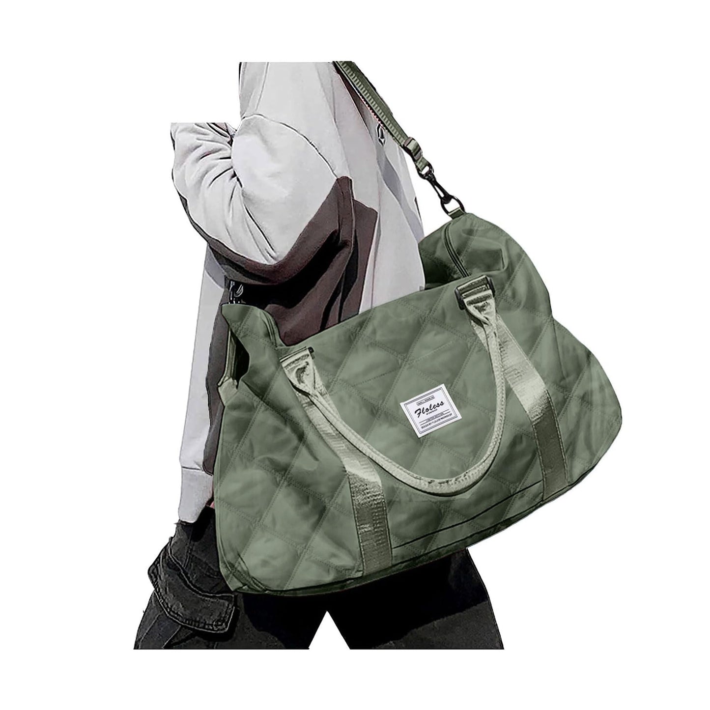 BJLFS Large Women's Waterproof Duffle Bag, Green Gym Tote Weekender Overnight Bag with Wet Bag, Fits 15.6 inch Laptop, Nylon Hobo Handbag