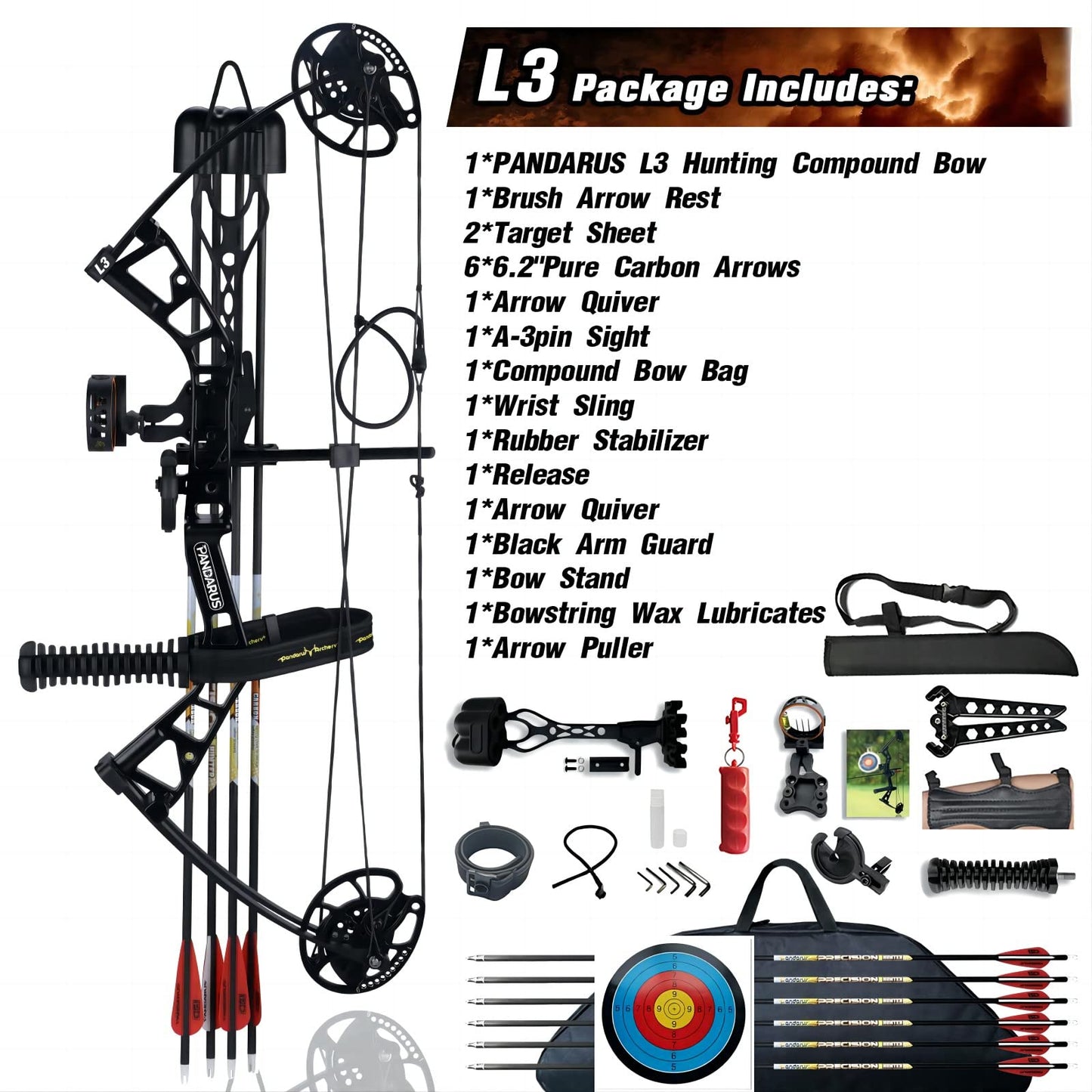 PANDARUS Compound Bow Set 10-40lbs for Pull Child Right Hand Lightweight Design Bow Adjustable 16"~28" Draw Length IBO 290fps New 2023 Professional Set (Black Right-Handed Bag Pro)