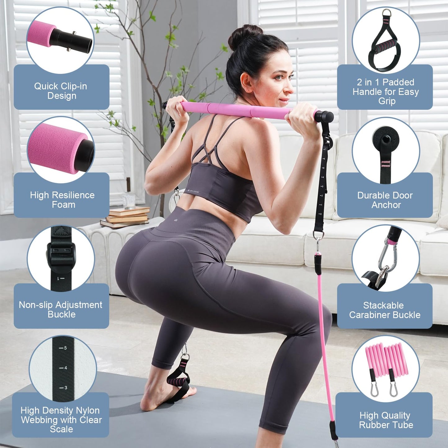 kisnbld Pilates Bar Kit with Resistance Bands, Multifunctional Pilates Bar with 3 Set Exercise Resistance Bands, Portable Pilates Equipment for Women Home Gym Yoga Workouts