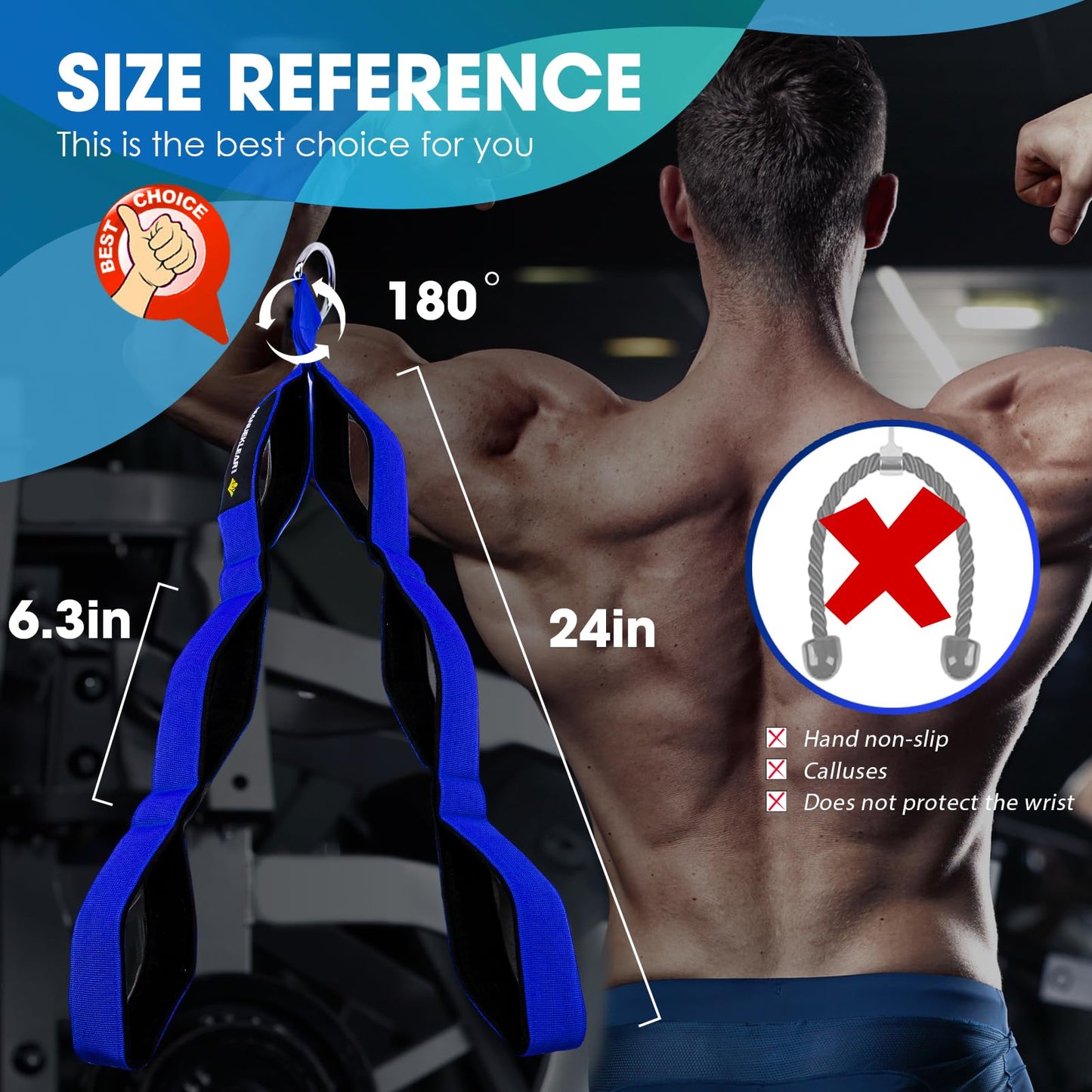 MANUEKLEAR Tricep Rope Cable Attachment Handles, Greater Range of Motion, Tricep Pull Down Rope for Push Downs, Crunches, Facepulls for Professional Gym (Blue)