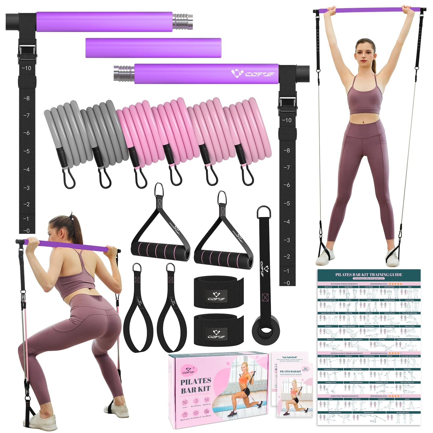 Pilates Bar Kit with Resistance Bands, Multifunctional Yoga Pilates Bar with Heavy-Duty Metal Adjustment Buckle, Portable Home Gym Pilates Resistance Bar for Women Full Body Workouts(20-150LBS)-Purple