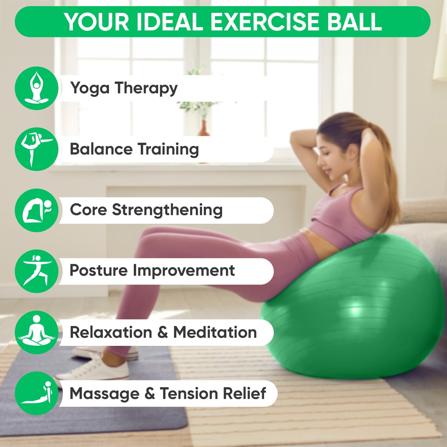APEXUP Yoga Ball Exercise Ball, Anti Slip Stability Ball Chair, Heavy Duty Large Gym Ball for Fitness, Balance, Core Workout and Physical Therapy (S (15"~18") 45cm, Dark Green)