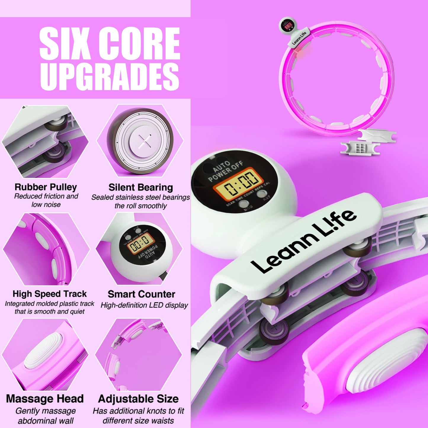 Leann L!fe U5-16 Knots with Counter, U5 Silent Smart Weighted Hula Hoop for Adults Weight Loss Infinity Hoop Plus Size, Home Outdoors Fitness Exercise, Abdominal Toner, (Purple-Waist 28"~46")