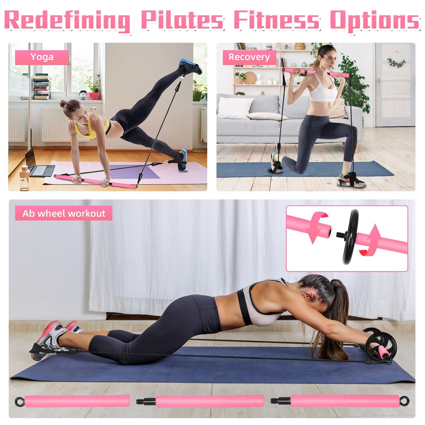 Portable Pilates Bar, Pilates Resistance Band Bar with Ab Roller, 3-Section Multifunctional Pilates for Stretched Exercise, Home Gym Yoga Stick for Full Body Workout Training Women & Men (Pink)