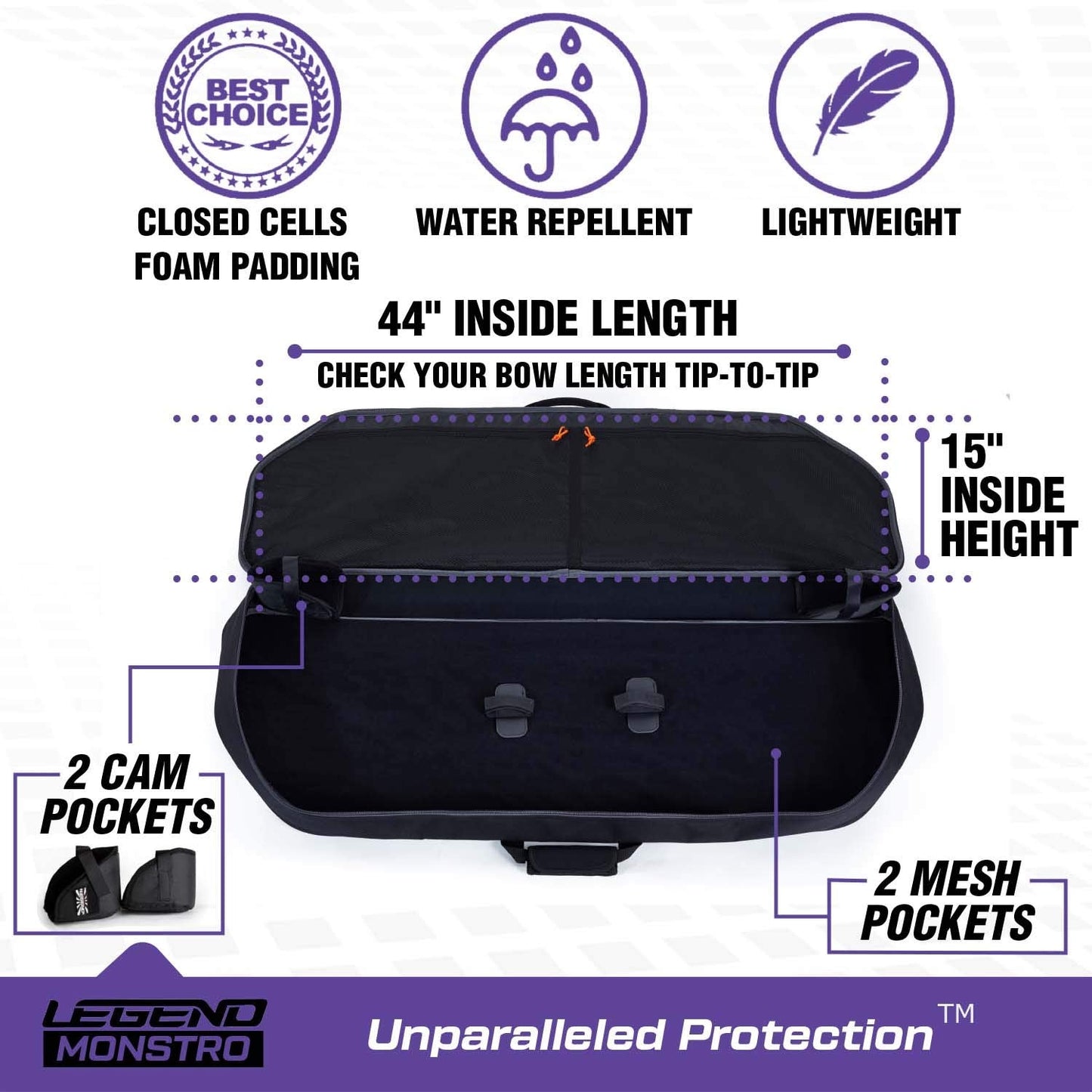 Legend Monstro Professional Soft Compound Bow Case- Travel Archery Case with Shoulder Strap, Foam Padding & Safe Storage for Archery Accessories-37 Arrow Tube Holder Pocket, 44" Interior-Black/Purple
