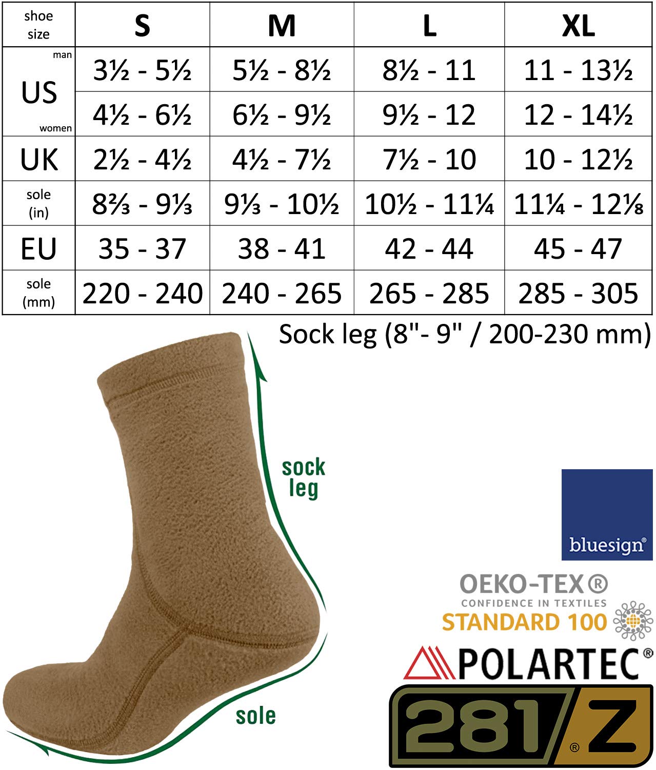 281Z Hiking Warm 8 inch Boot Liner Socks - Military Tactical Outdoor Sport - Polartec Fleece Winter Socks (Medium, Coyote Brown)
