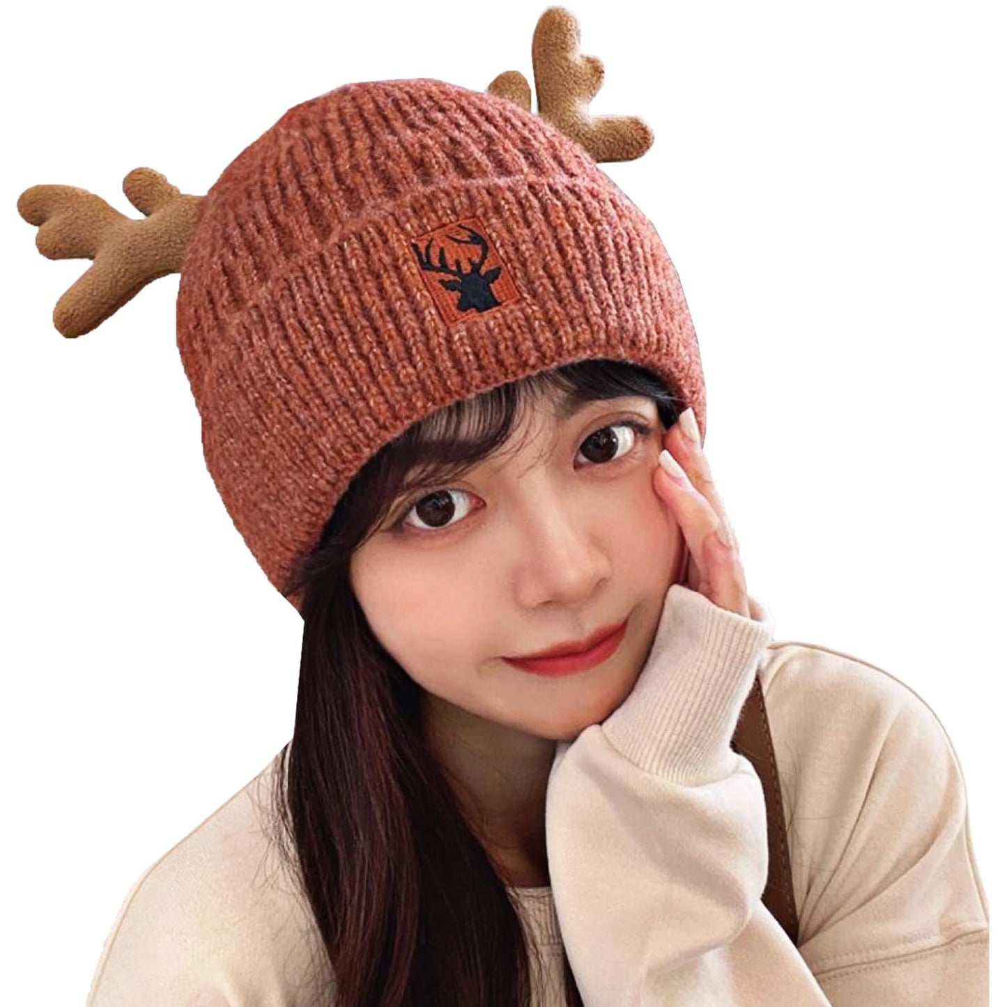 Knitted Antler Hat,Reindeer Antlers Knitted Hat,Crochet Beanie Cap for Adults Teens Girls Valentines Day Gift(Red)