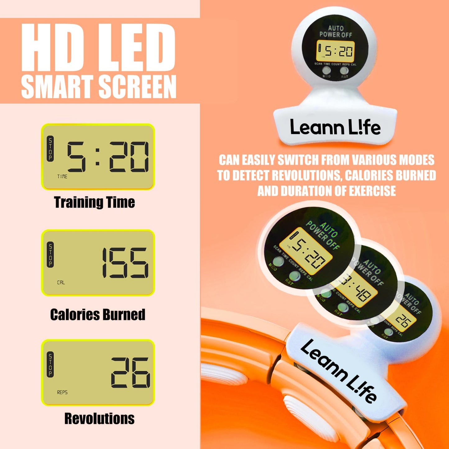 Leann L!fe U5-16 Knots with Counter, U5 Silent Smart Weighted Hula Hoop for Adults Weight Loss Infinity Hoop Plus Size, Home Outdoors Fitness Exercise, Abdominal Toner, (Orange-Waist 28"~46")