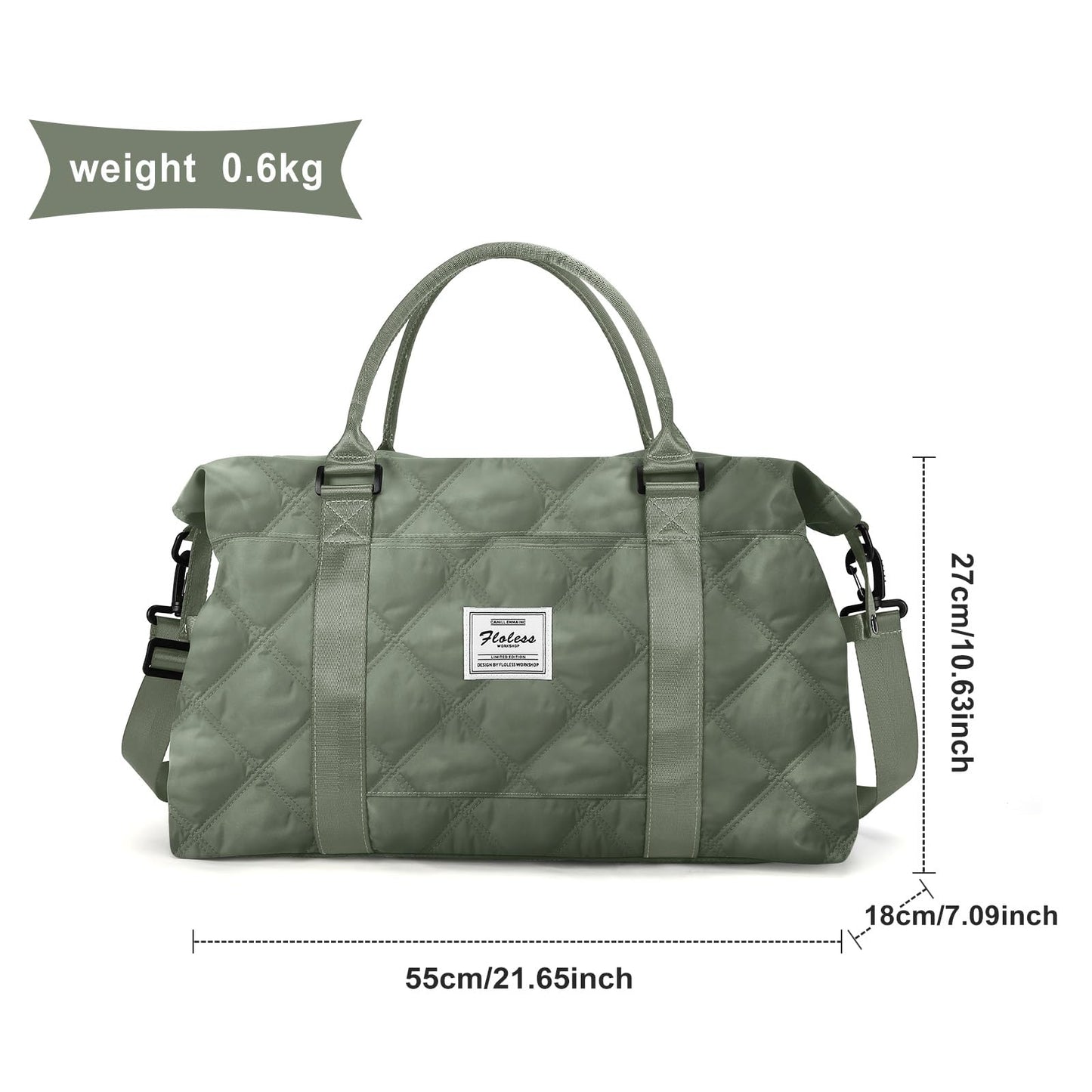BJLFS Large Women's Waterproof Duffle Bag, Green Gym Tote Weekender Overnight Bag with Wet Bag, Fits 15.6 inch Laptop, Nylon Hobo Handbag