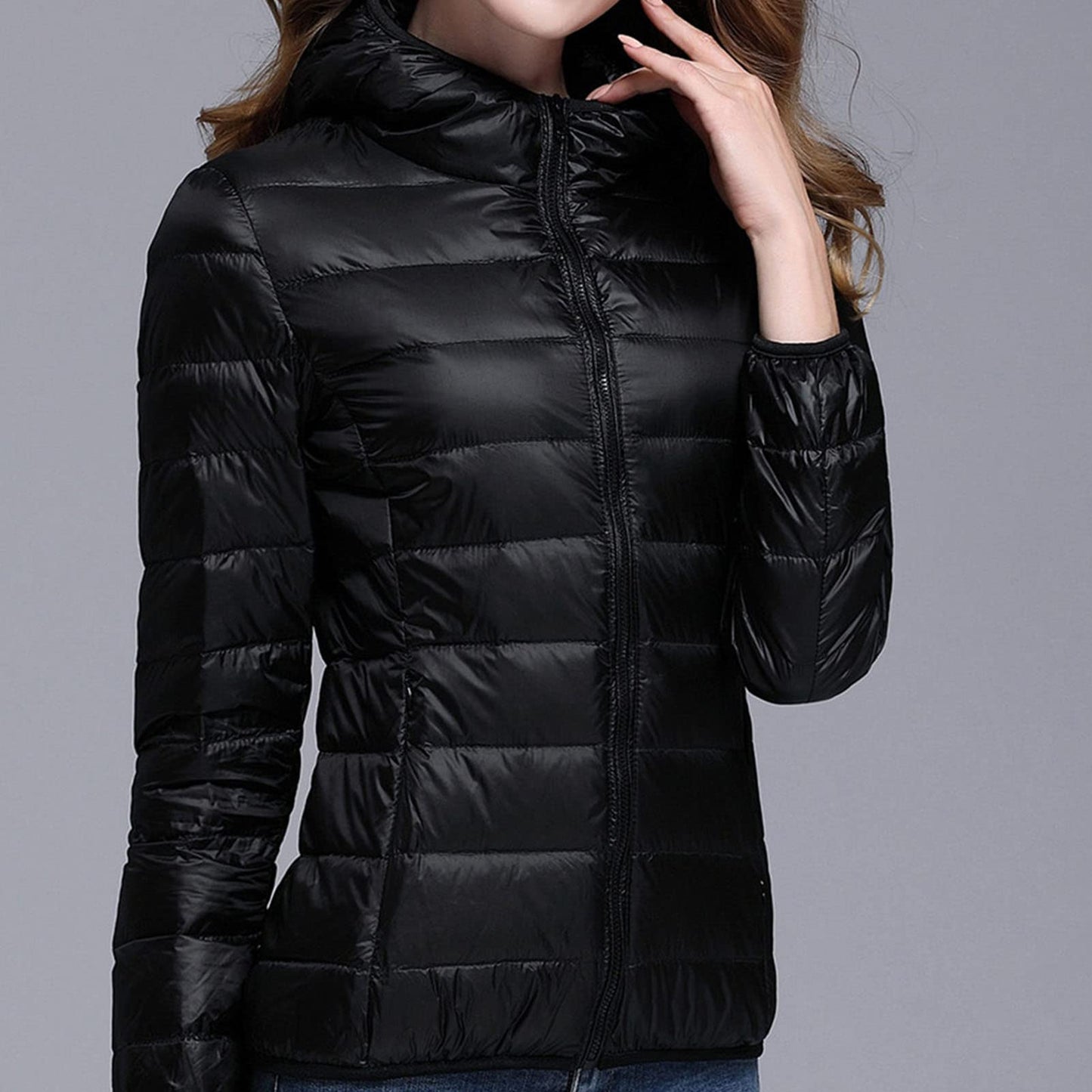 JEsilunmaMY Lightweight Short Puffer Jacket for Women Zip Long Sleeve Packable Hooded Down Coats Slim Winter Cropped Outwear (Black,Small)