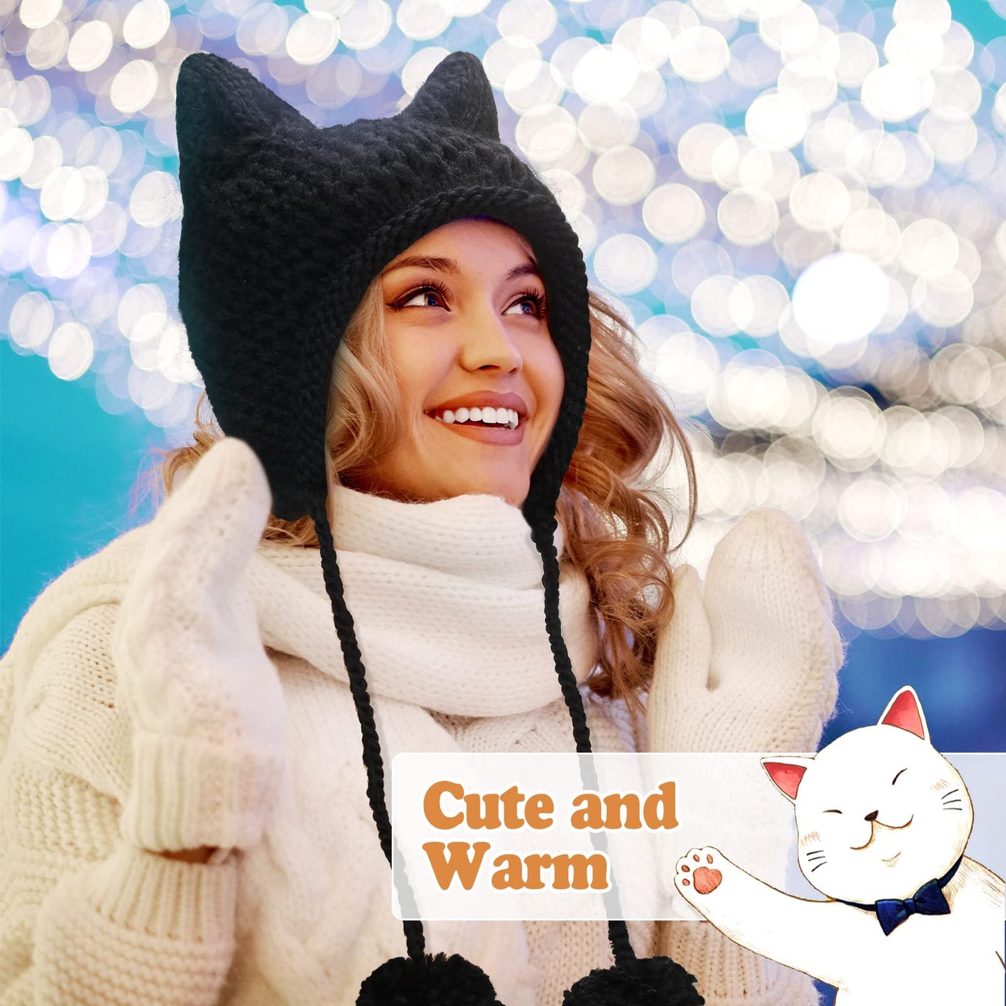 Cat Ear Beanie 2 Pieces Warm Beanie with Ears Cute Cat Hats for Women Crochet Cat Winter Hat Knit Ear Pom Hat Black, White