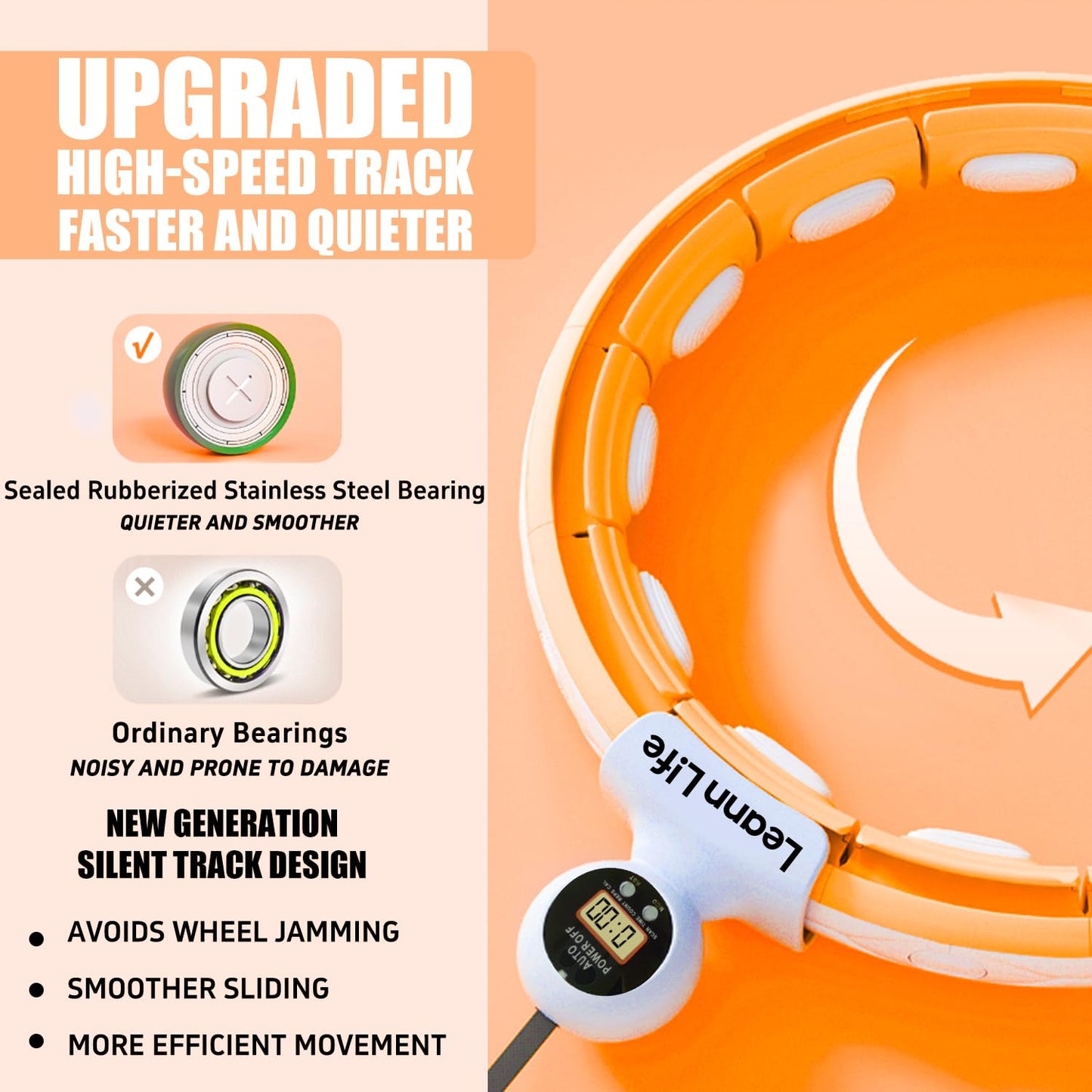 Leann L!fe U5-16 Knots with Counter, U5 Silent Smart Weighted Hula Hoop for Adults Weight Loss Infinity Hoop Plus Size, Home Outdoors Fitness Exercise, Abdominal Toner, (Orange-Waist 28"~46")