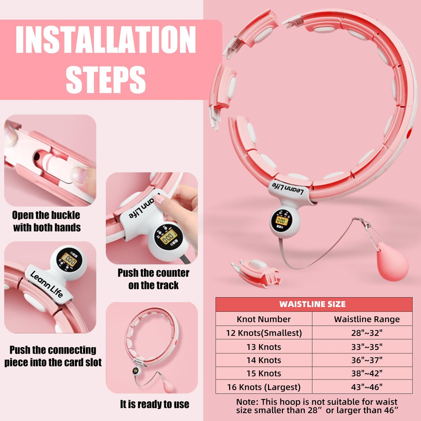 Leann L!fe U5-16 Knots with Counter, U5 Silent Smart Weighted Hula Hoop for Adults Weight Loss Infinity Hoop Plus Size, Home Outdoors Fitness Exercise, Abdominal Toner, (Pink-Waist 28"~46")