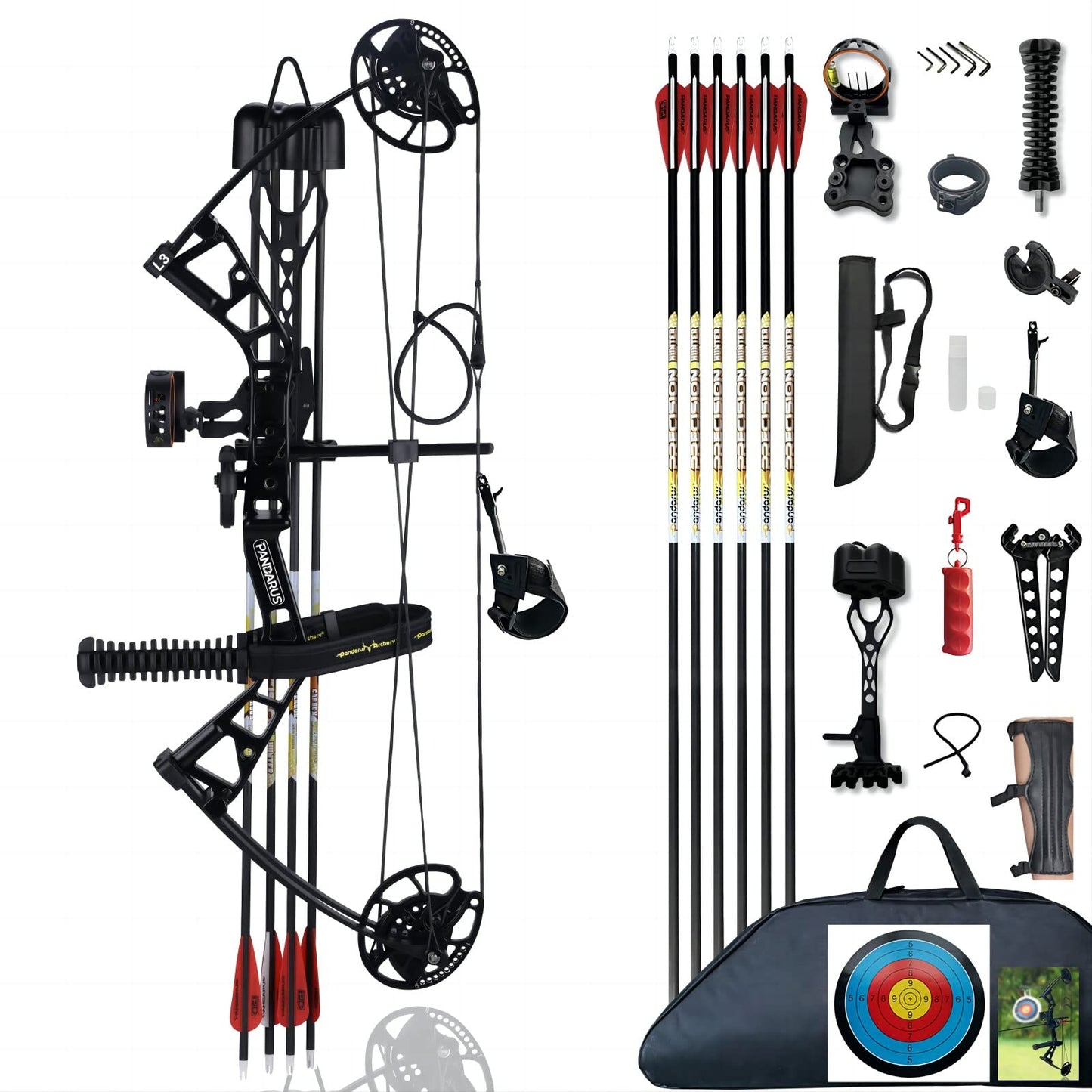 PANDARUS Compound Bow Set 10-40lbs for Pull Child Right Hand Lightweight Design Bow Adjustable 16"~28" Draw Length IBO 290fps New 2023 Professional Set (Black Right-Handed Bag Pro)