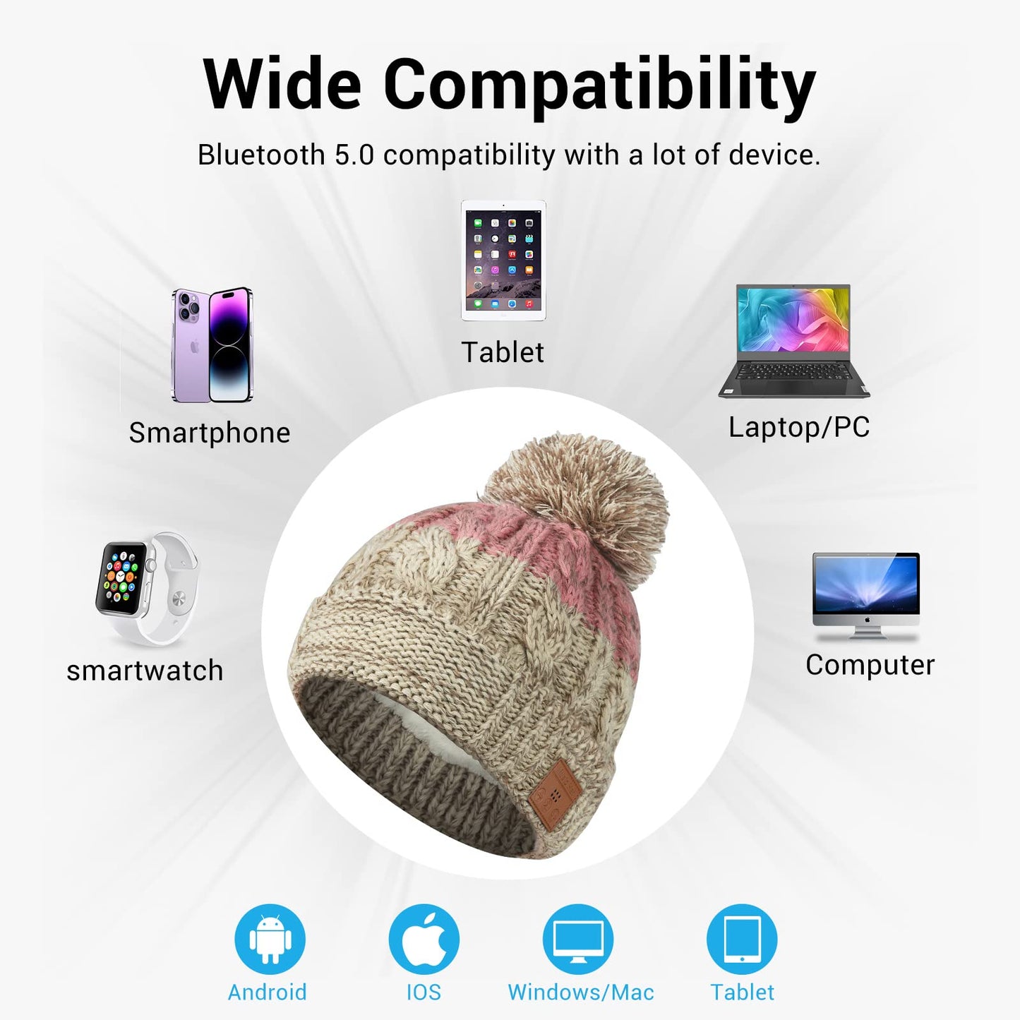 Bluetooth Beanie for Women, Wireless Knit Winter Cap, Built-in Microphone and HD Stereo Speakers, Beanie Hat with Headphones for Outdoor Homes and Gifts (Khaki & Pink)