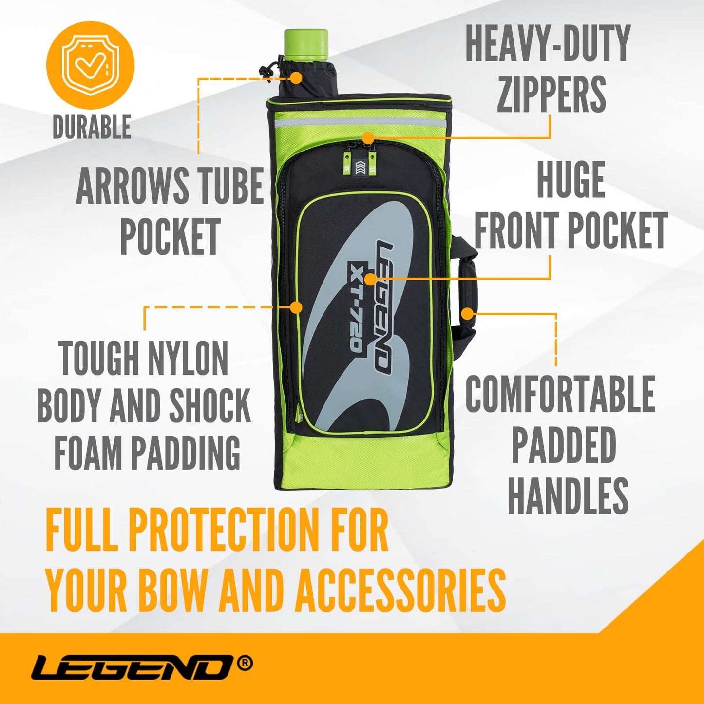Legend XT720 Bow Backpack for Recurve Bow - Nylon Takedown Recurve Archery Bow Bag - Storage Compartments for Accessories & Gear - Protective Padding for Equipment Safety - Includes Arrow Tube Case