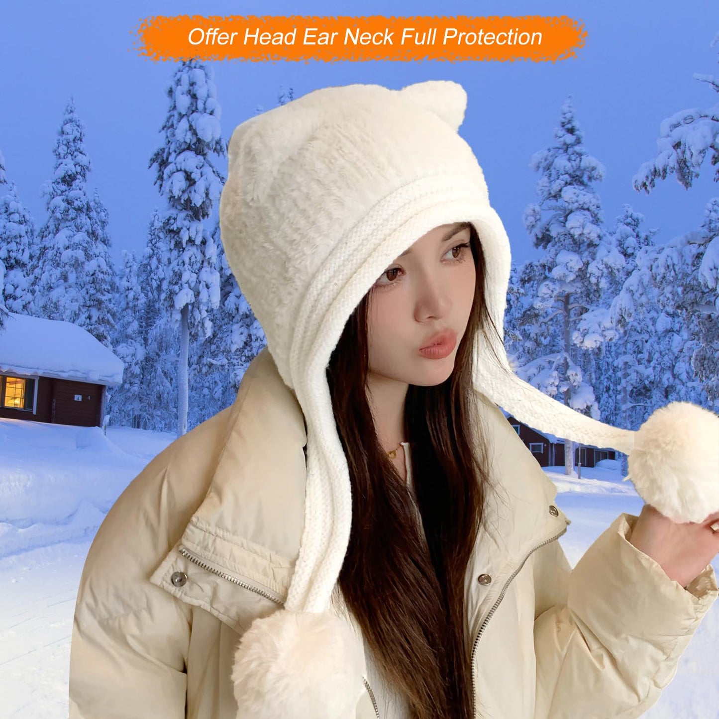 HUAMULAN Women Winter Sherpa Beanie Hats Knit Ear Flaps Peruvian Cover Ears Fleece Lined Fluffy Ski Snow Hat Pompoms