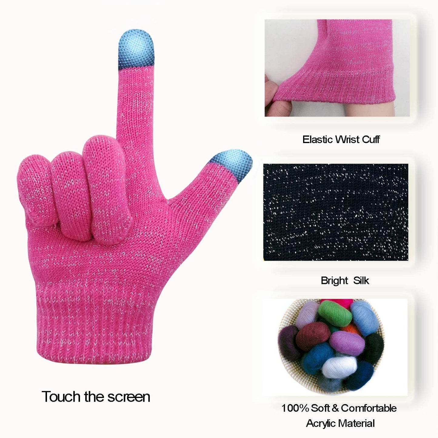 Evridwear Kids Winter Gloves for Toddler Girls and Boys, Touchscreen Knitted Warm Stretch Mittens 3 Pairs for Cold Weather