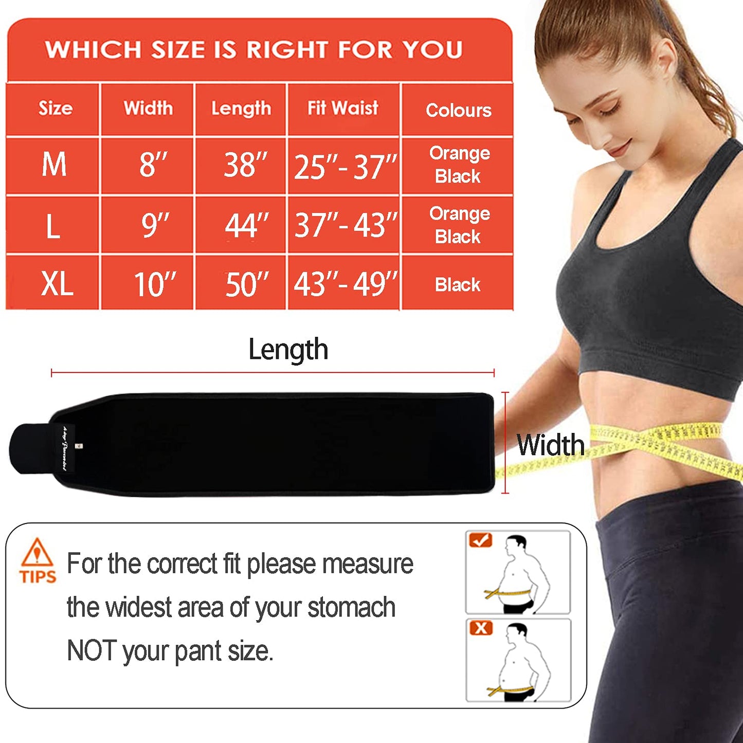 KingPavonini Waist Trimmer Waist Trainer Stomach Wraps Sweat Belt for Women Men Orange