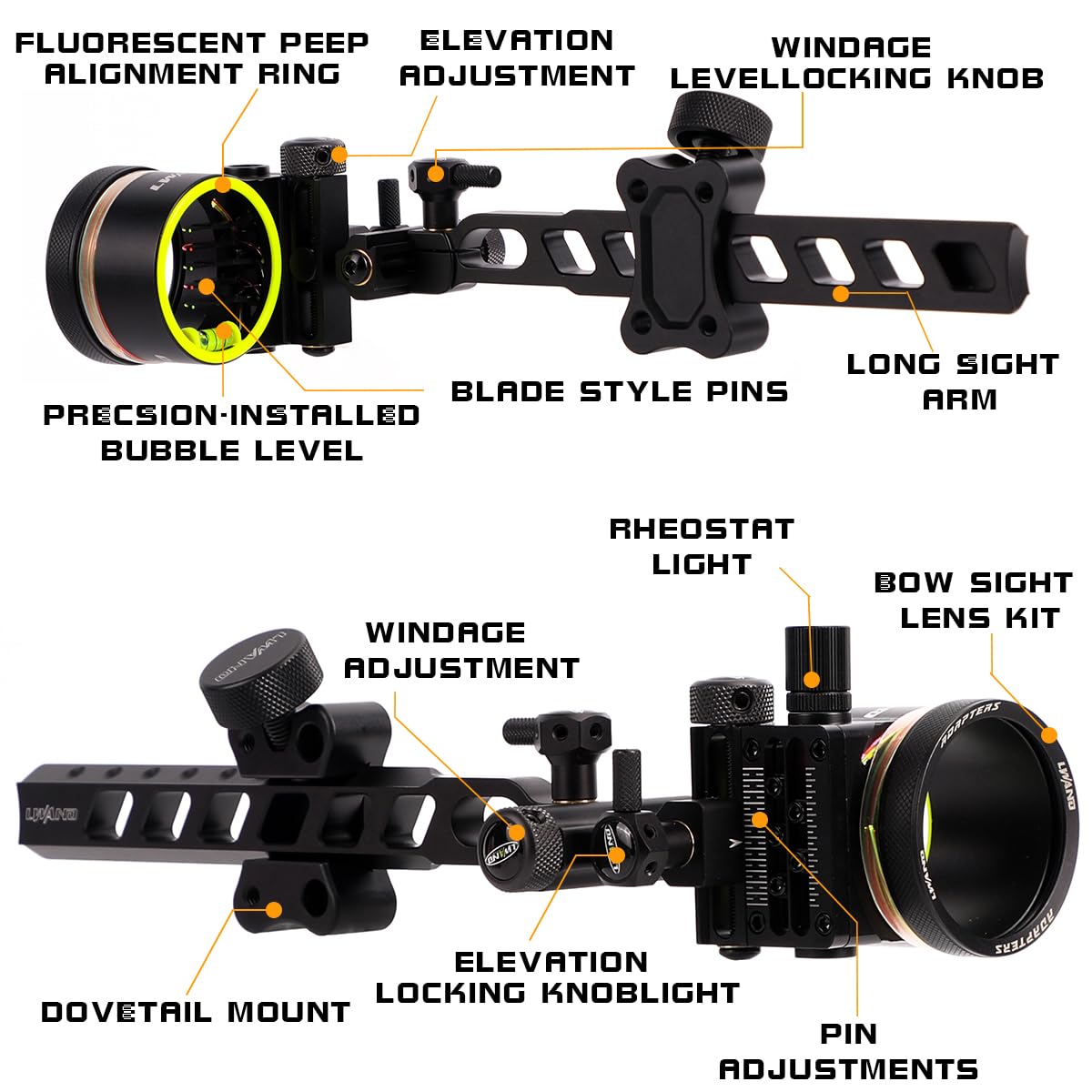 LWANO M2 Cpmpound Bow Sight - 5 Pin Archery Sight Short/Long Bar, Tool Less Windage & Elevation Adjustability, with 2X Magnification Sight Lens Kit