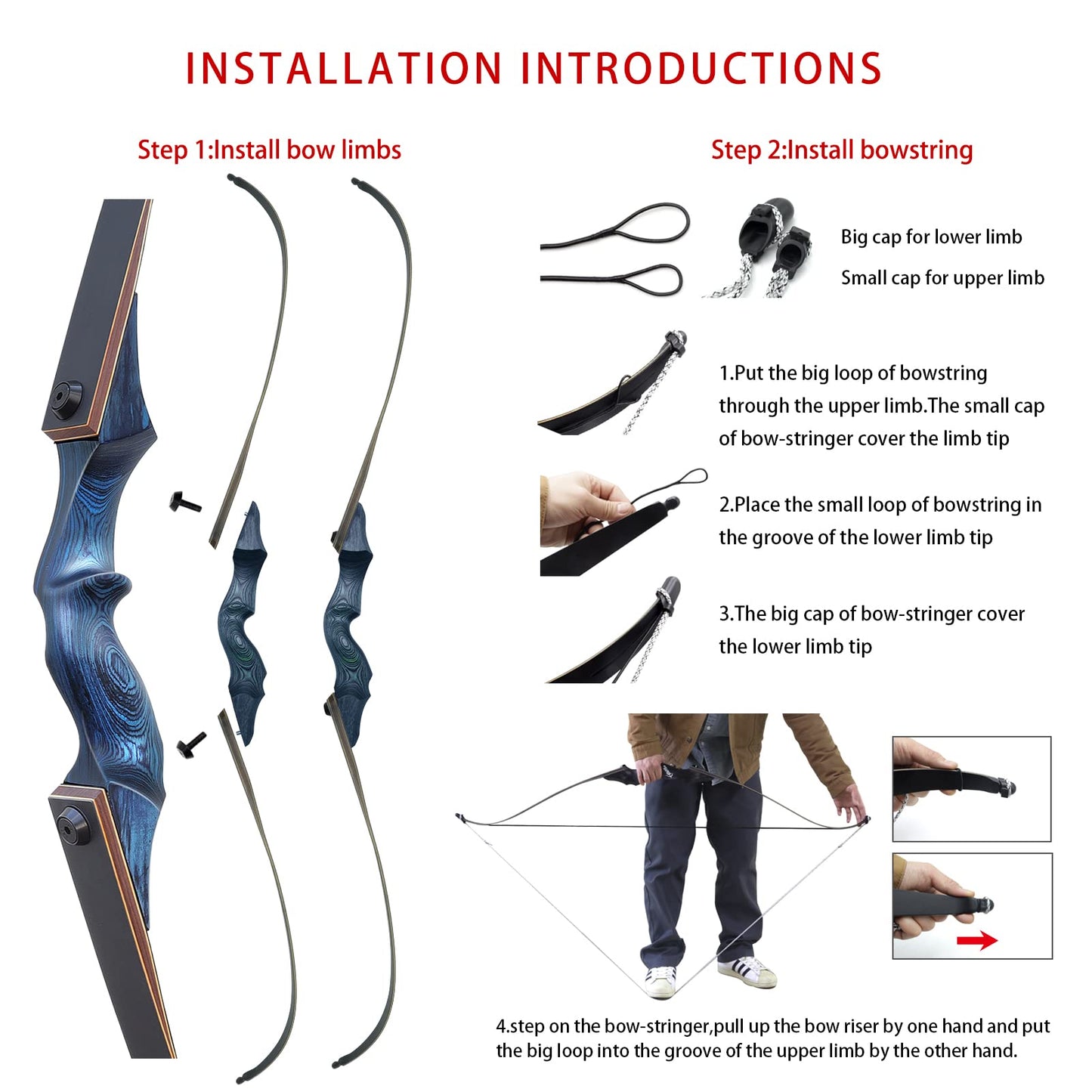 OBTOUTDOOR Black Hunter Original Takedown Recurve Bows for Adults Archery Recurve Bow Set 60" 20-60 lbs Right Hand for Outdoor Targets Practice Hunting Training Competition (Blue-35lbs)