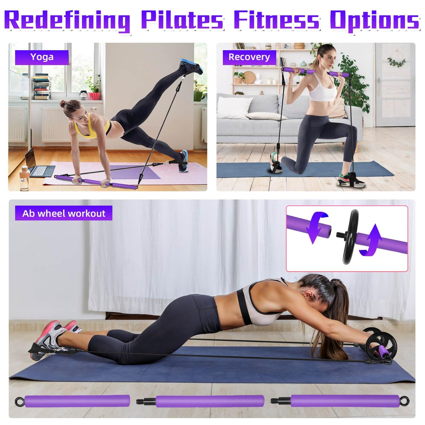 Portable Pilates Bar, Pilates Resistance Band Bar with Ab Roller, 3-Section Multifunctional Pilates for Stretched Exercise, Home Gym Yoga Stick for Full Body Workout Training Women & Men (Purple)
