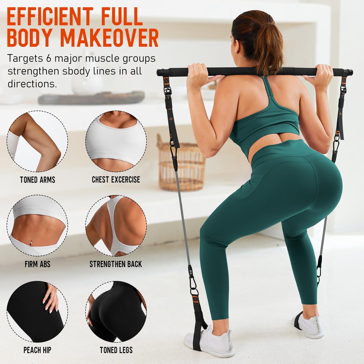 Pilates Bar Kit with Resistance Bands, 3-Section Multifunctional Yoga Pilates Bar with Metal Adjustment Buckle.Portable Pilates Equipment for Women & Men Full-Body Workouts at Home Gym