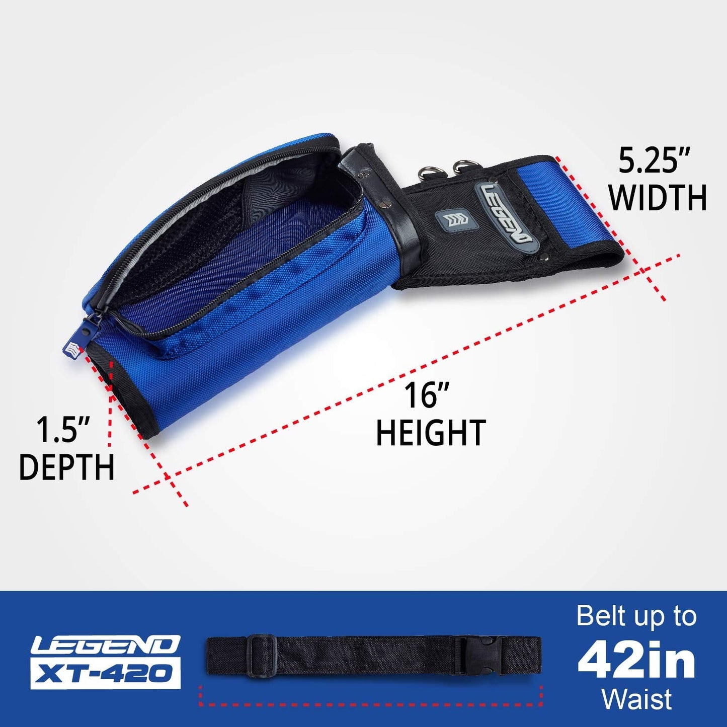 LEGEND XT420 Archery Field Quiver for Arrows - Right Handed Archery Hip Quiver with Belt, 3 Arrow Compartments - Storage Pocket for Archery Accessories - Durable Nylon Material - 5.25"x1.5"x16" Blue