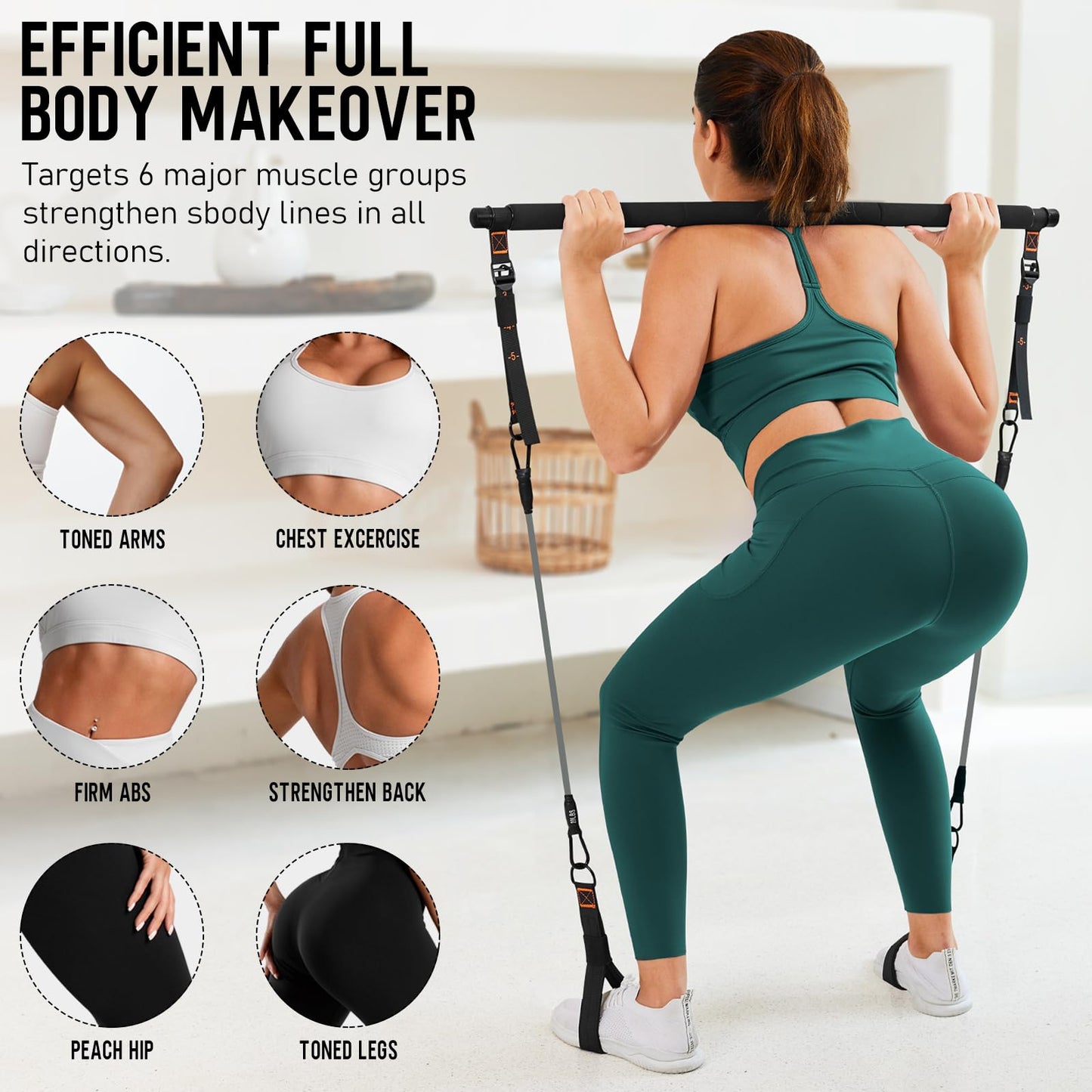 Pilates Bar Kit with Resistance Bands, 3-Section Multifunctional Yoga Pilates Bar with Metal Adjustment Buckle.Portable Pilates Equipment for Women & Men Full-Body Workouts at Home Gym