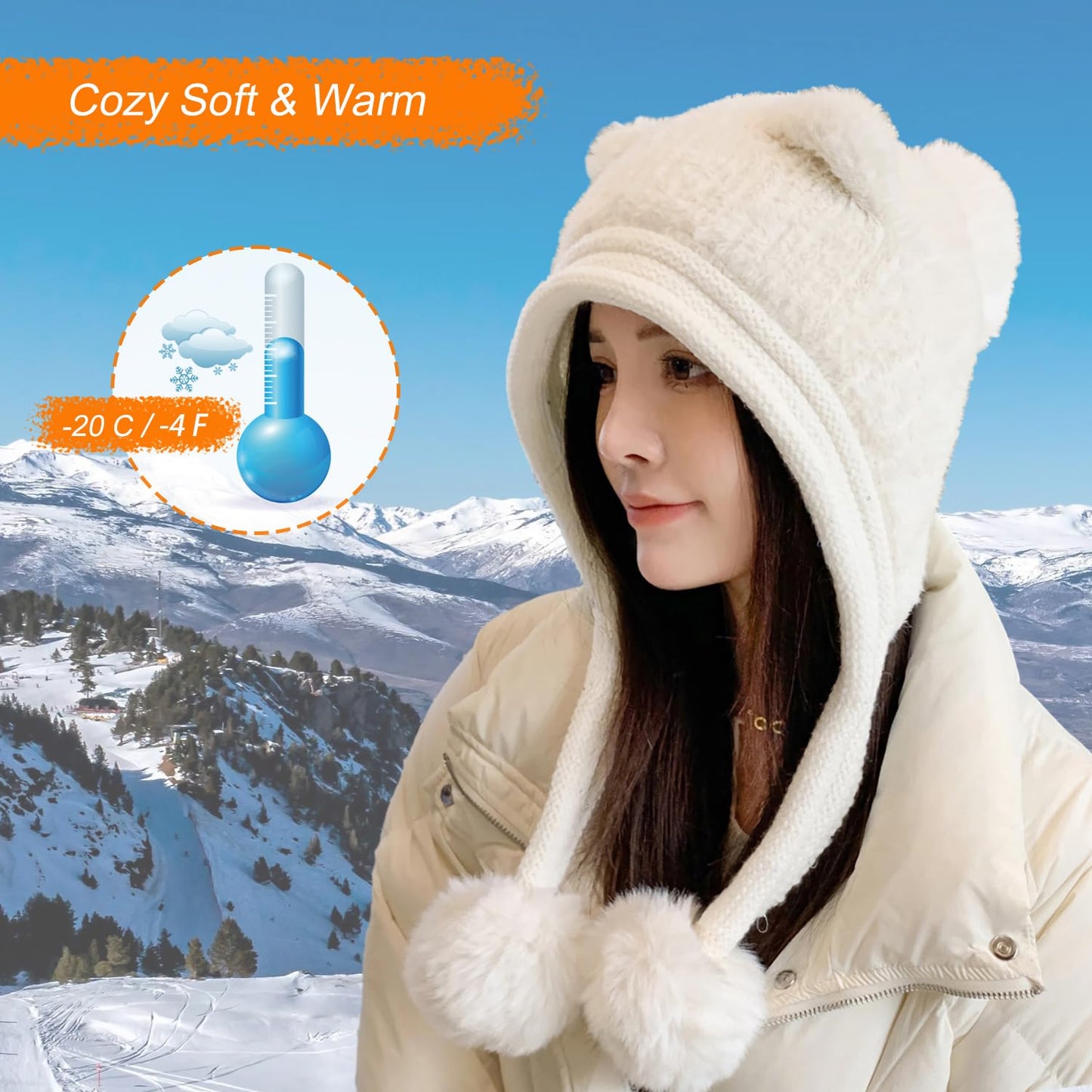 HUAMULAN Women Winter Sherpa Beanie Hats Knit Ear Flaps Peruvian Cover Ears Fleece Lined Fluffy Ski Snow Hat Pompoms