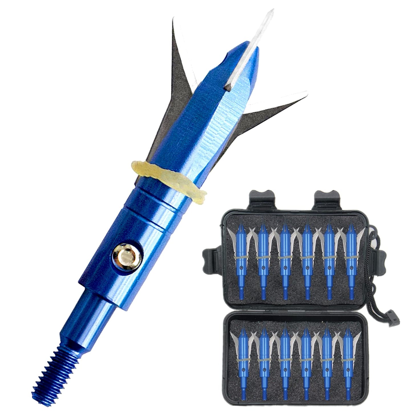 e5e10 12pcs Hunting Broadheads 100 Grain Archery Broadheads New Stell Broadheads + 1 pcs Black Broadhead Case for Arrowheads (Blue)