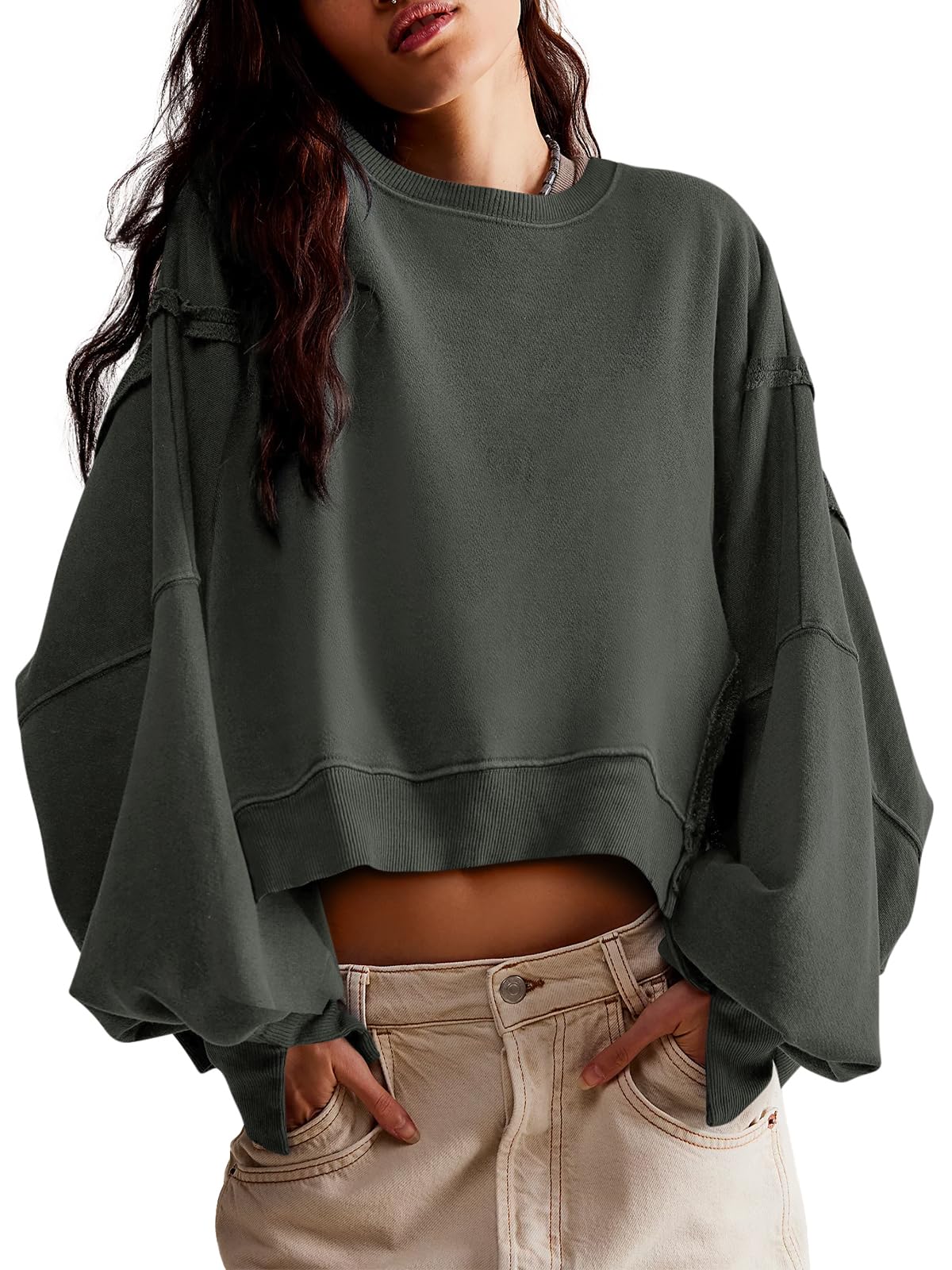 Zwurew Womens Pullover Tops Crewneck Long Sleeve Split Sweatshirt Winter Fashion 2024 Trendy Grey M