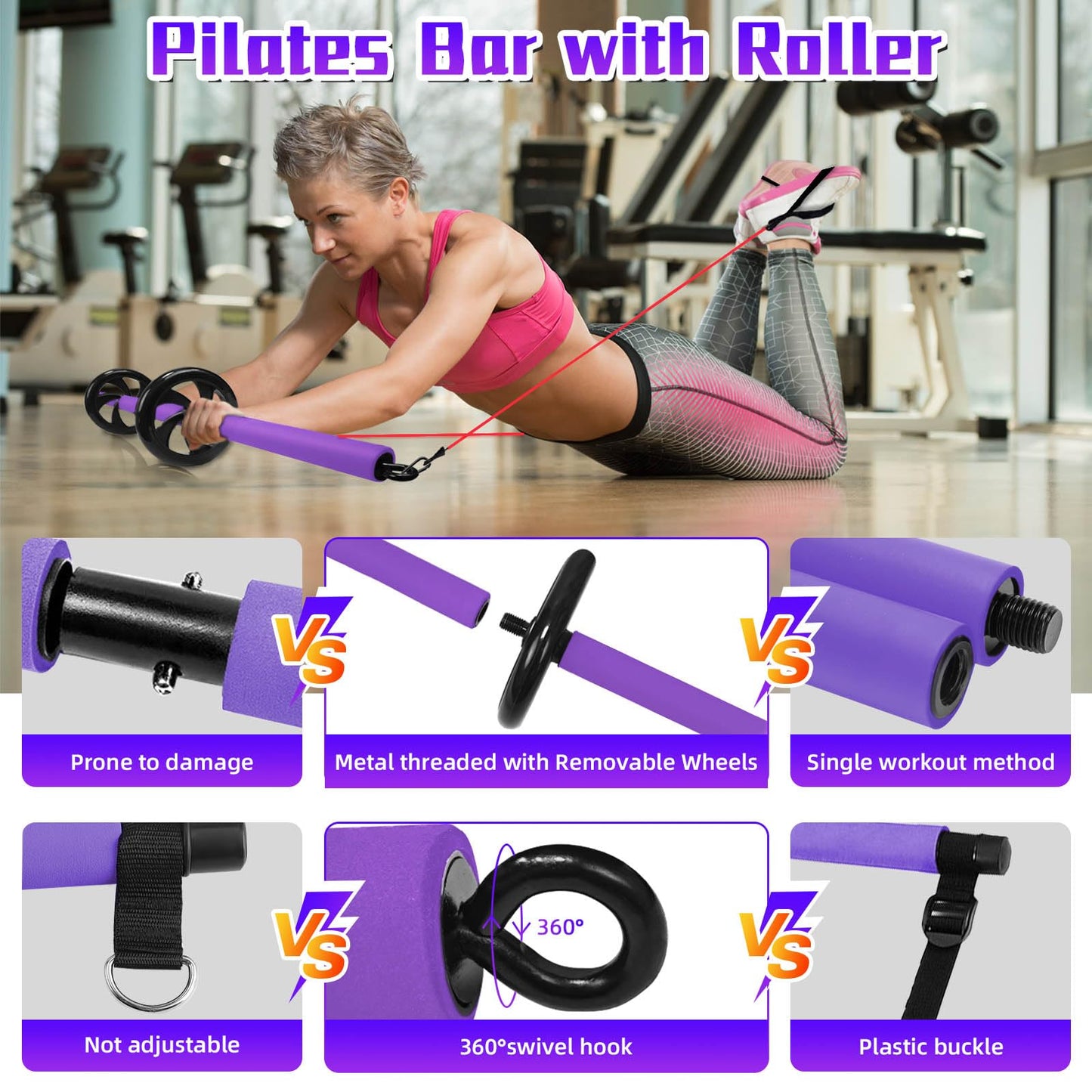 Portable Pilates Bar, Pilates Resistance Band Bar with Ab Roller, 3-Section Multifunctional Pilates for Stretched Exercise, Home Gym Yoga Stick for Full Body Workout Training Women & Men (Purple)