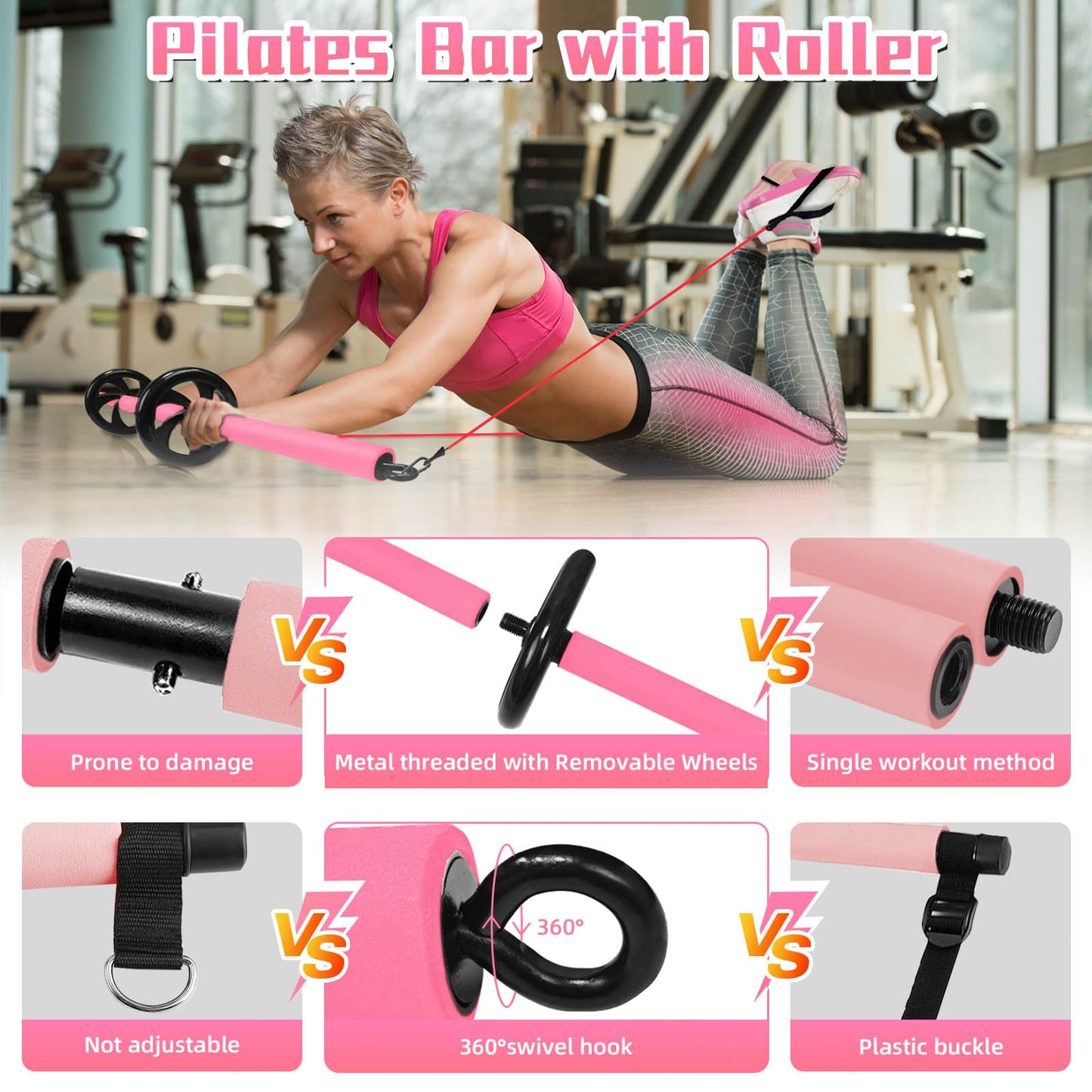 Portable Pilates Bar, Pilates Resistance Band Bar with Ab Roller, 3-Section Multifunctional Pilates for Stretched Exercise, Home Gym Yoga Stick for Full Body Workout Training Women & Men (Pink)