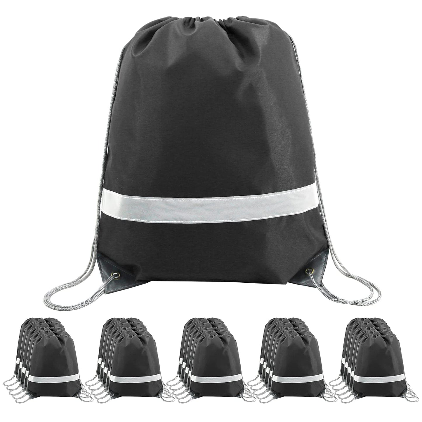BeeGreen Black Drawstring Backpack Bulk 25 Pieces Wholesale, String Backpack for Party Gym Sport Trip, Reflective Strips Cinch Sack with String, DIY Drawstring Bags for Women and Men