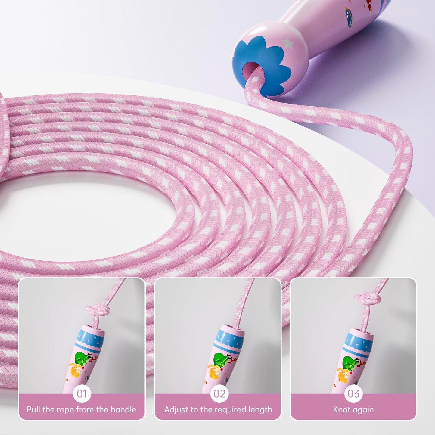 Jump Rope for Kids-Adjustable Cotton Braided Skipping Rope with Wooden Handle for Toddler Fitness Workout Exercise Outdoor Activity