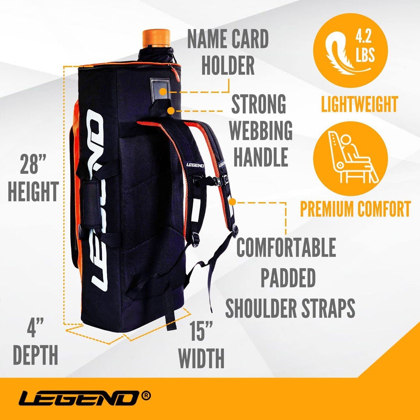 Legend - XT720 Recurve Bow Case (Orange) | Backpack Style Bag with Heavy Duty Foam Padding for Portable Protection of Recurve Bows & Risers up to 27" | Telescopic Arrow Tube Extends Up to 35"