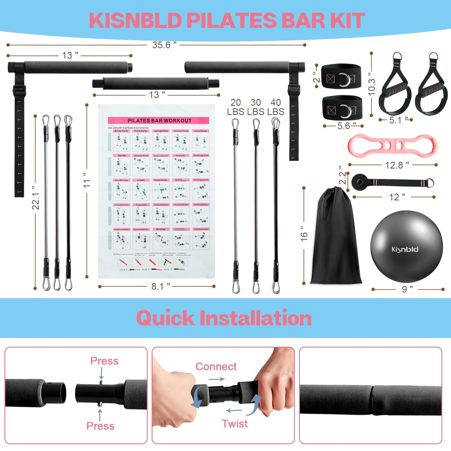 kisnbld Pilates Bar Kit with Resistance Bands, Multifunctional Pilates Bar with 3 Set Exercise Resistance Bands, Portable Pilates Equipment for Women Home Gym Yoga Workouts