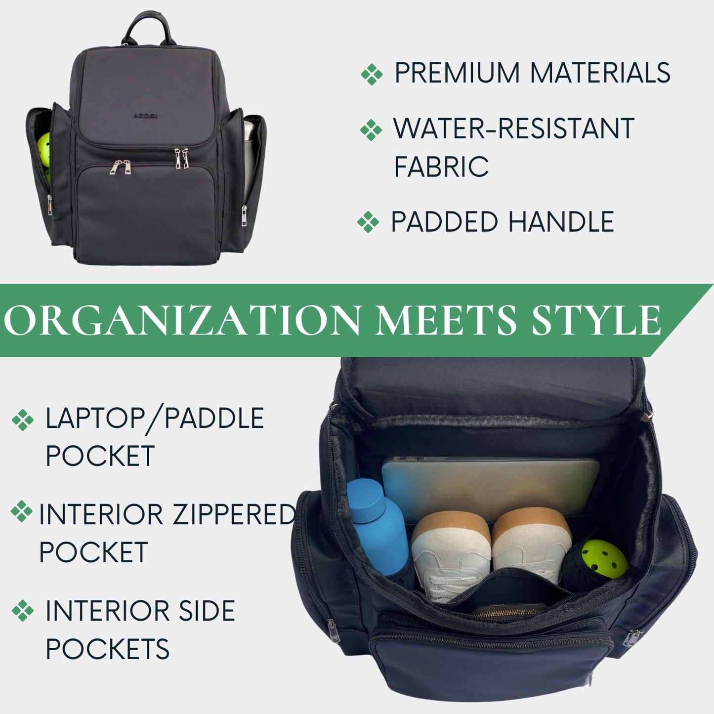 AZORI Pickleball Bag | Stylish Pickle Ball Backpack for Women and Men | Paddle Pocket | Pickleball Storage