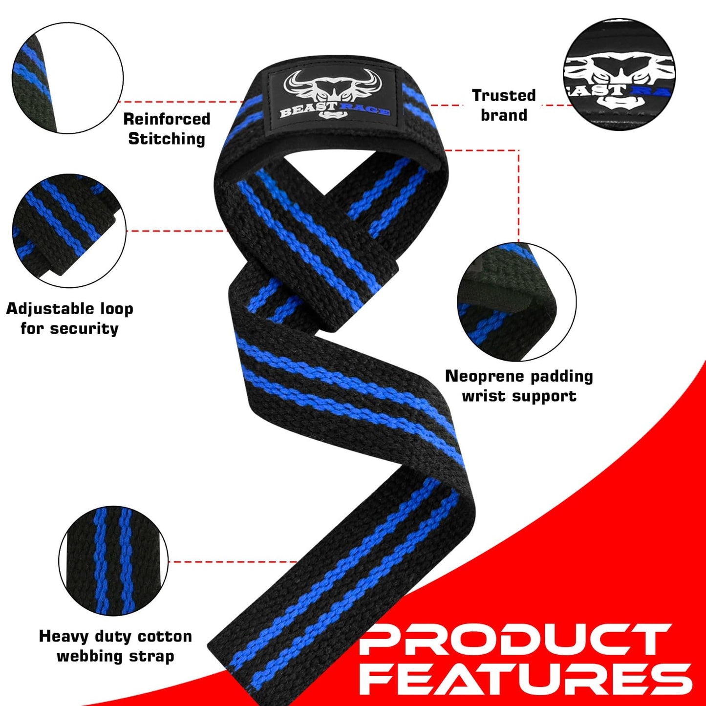 BEAST RAGE Lifting Wrist Straps for Weightlifting, Weight Lifting Straps Gym Power Workouts Lifting Straps Padded Cotton Men Women Supportive Lift Deadlift Straps Hard Pull Exercise Straps (Black/blue)