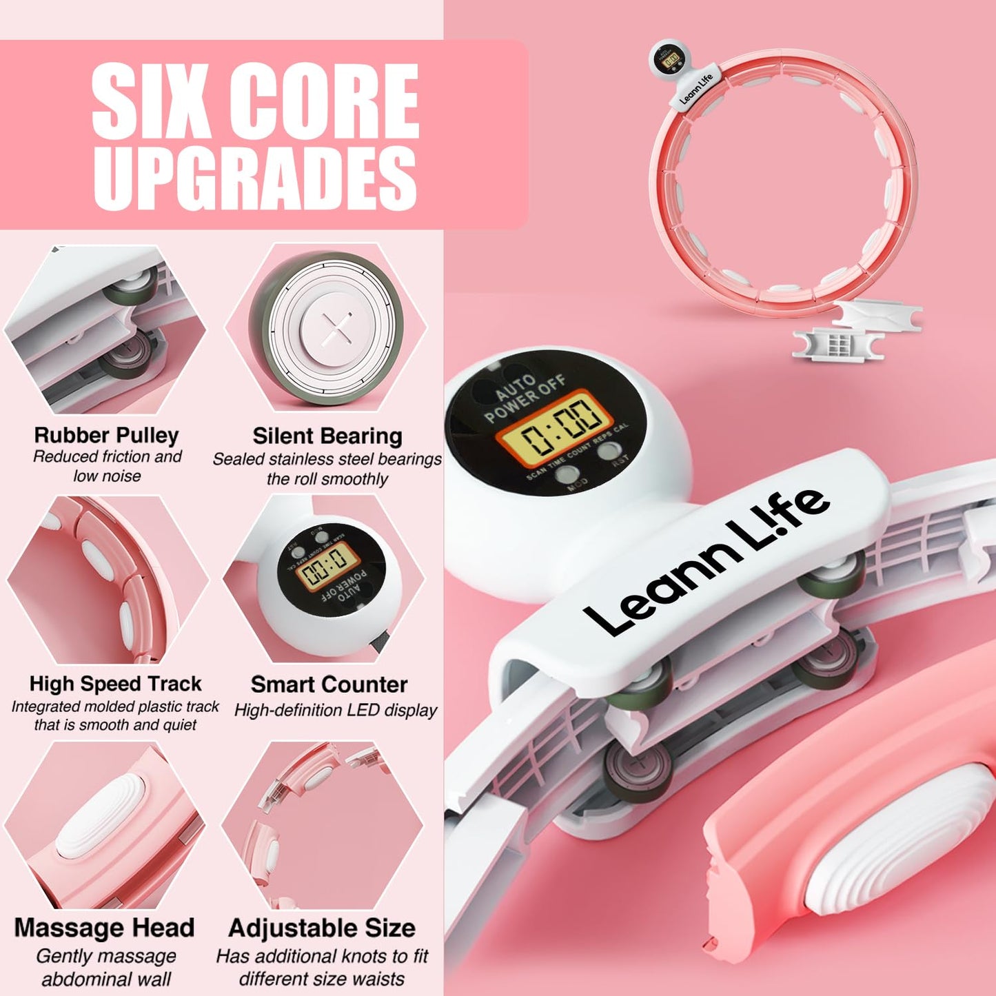 Leann L!fe U5-16 Knots with Counter, U5 Silent Smart Weighted Hula Hoop for Adults Weight Loss Infinity Hoop Plus Size, Home Outdoors Fitness Exercise, Abdominal Toner, (Pink-Waist 28"~46")