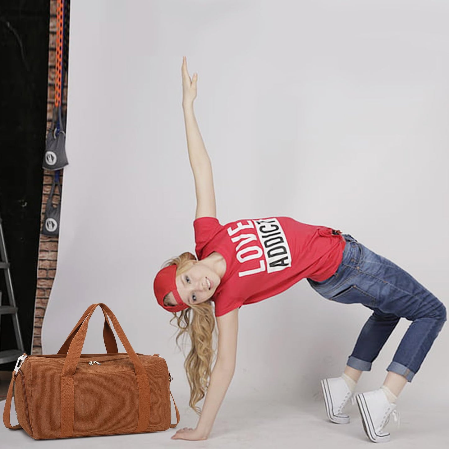 Duffle Bag for Gym Sports Women Girls Workout Travel Bag Weekender with Shoe Compartment and Wet Pocket (Corduroy-tan)