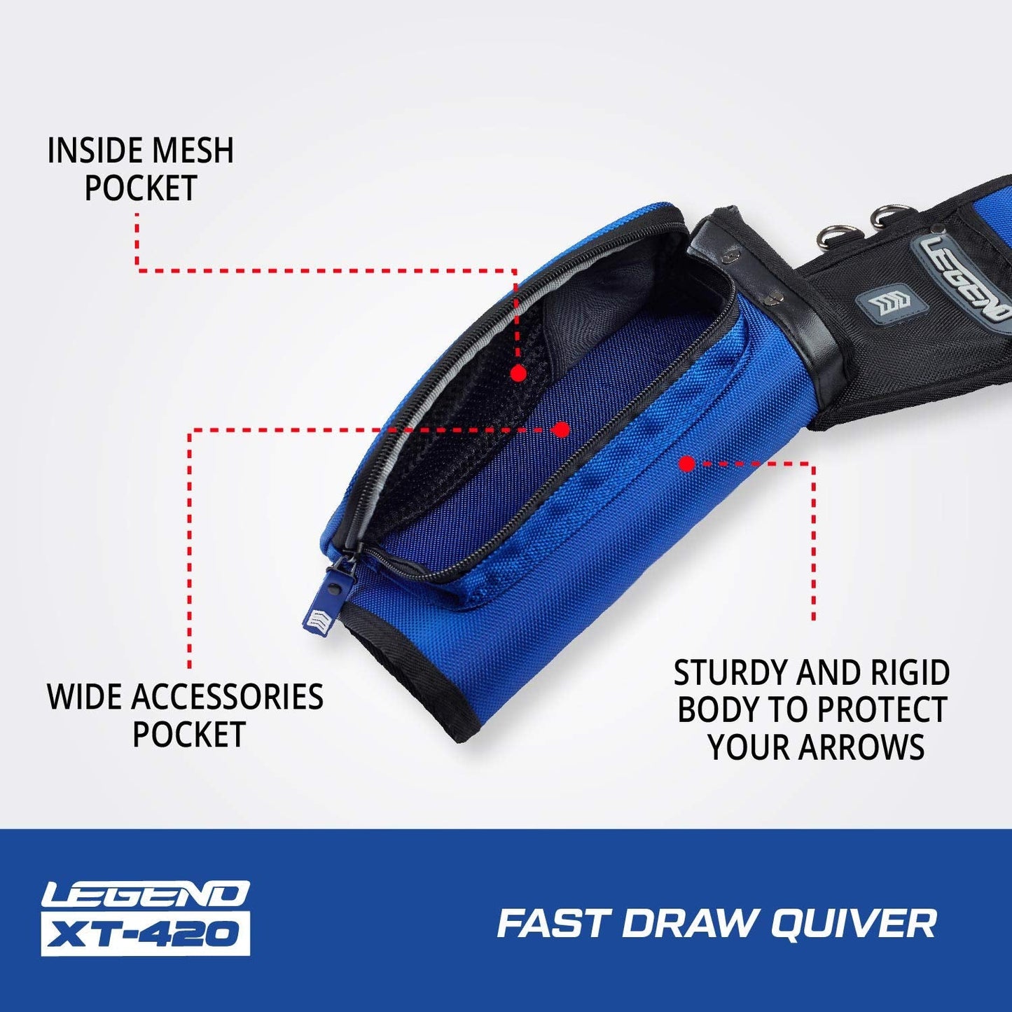LEGEND XT420 Archery Field Quiver for Arrows - Right Handed Archery Hip Quiver with Belt, 3 Arrow Compartments - Storage Pocket for Archery Accessories - Durable Nylon Material - 5.25"x1.5"x16" Blue