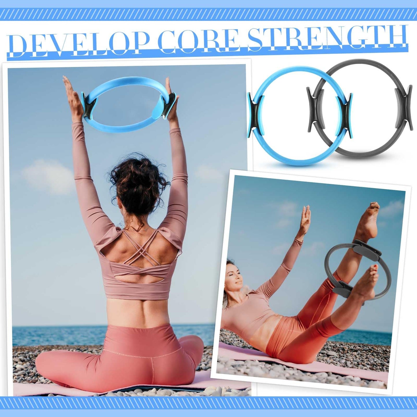 Poen 14 Pcs Pilates Ring and Ball Set for Women Pilates Ring Circle Ball with Stretching Strap 8 Resistance Bands Non Slip Socks Gym Back Bags Exercise Equipment for Workout (Blue, Gray)