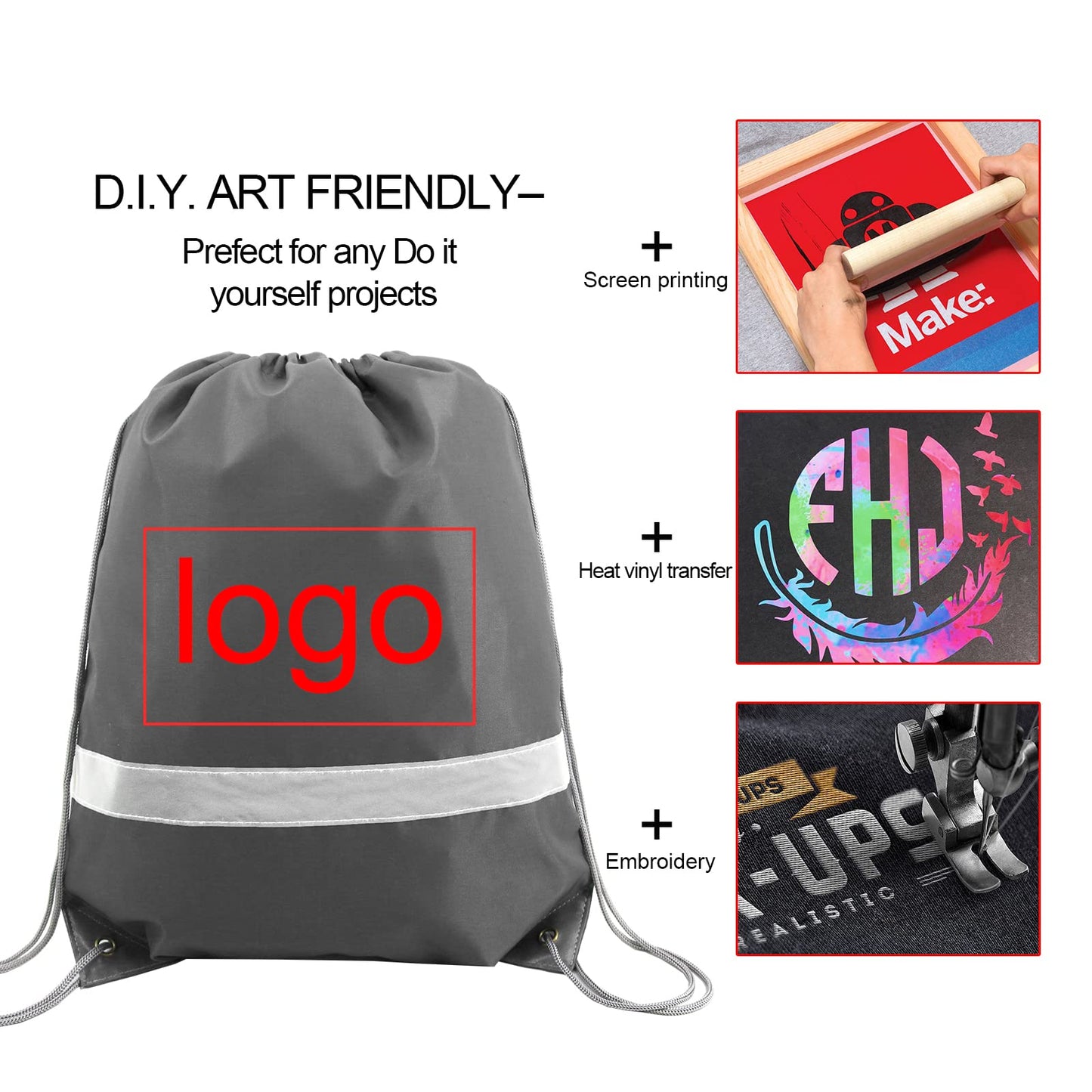 BeeGreen Grey Drawstring Backpack Bulk 10 Pieces Wholesale, String Backpack for Party Gym Sport Trip, Reflective Strips Cinch Sack with String, DIY Drawstring Bags for Women and Men